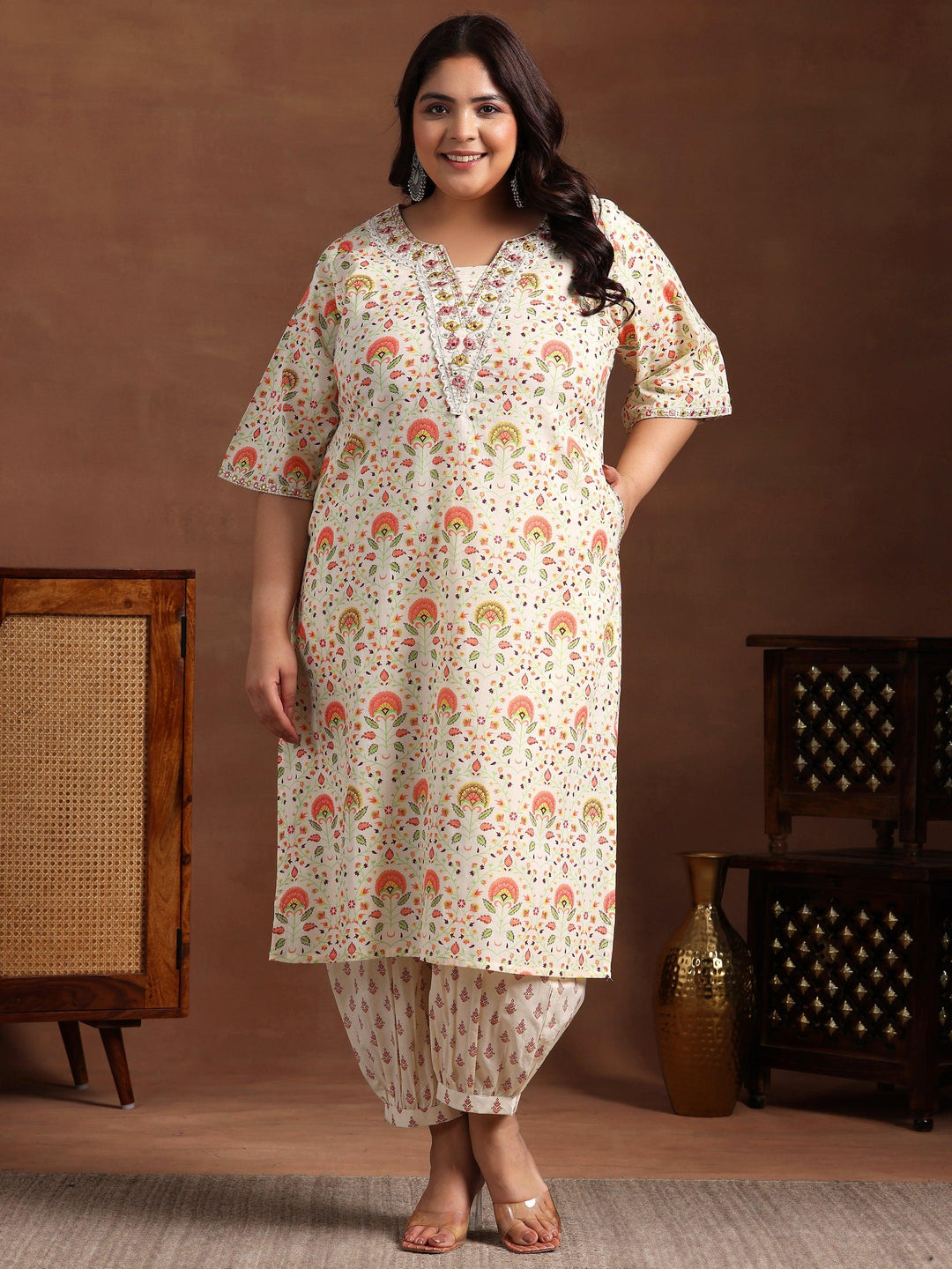 Plus Size Off White Printed Cotton Straight Kurta Set