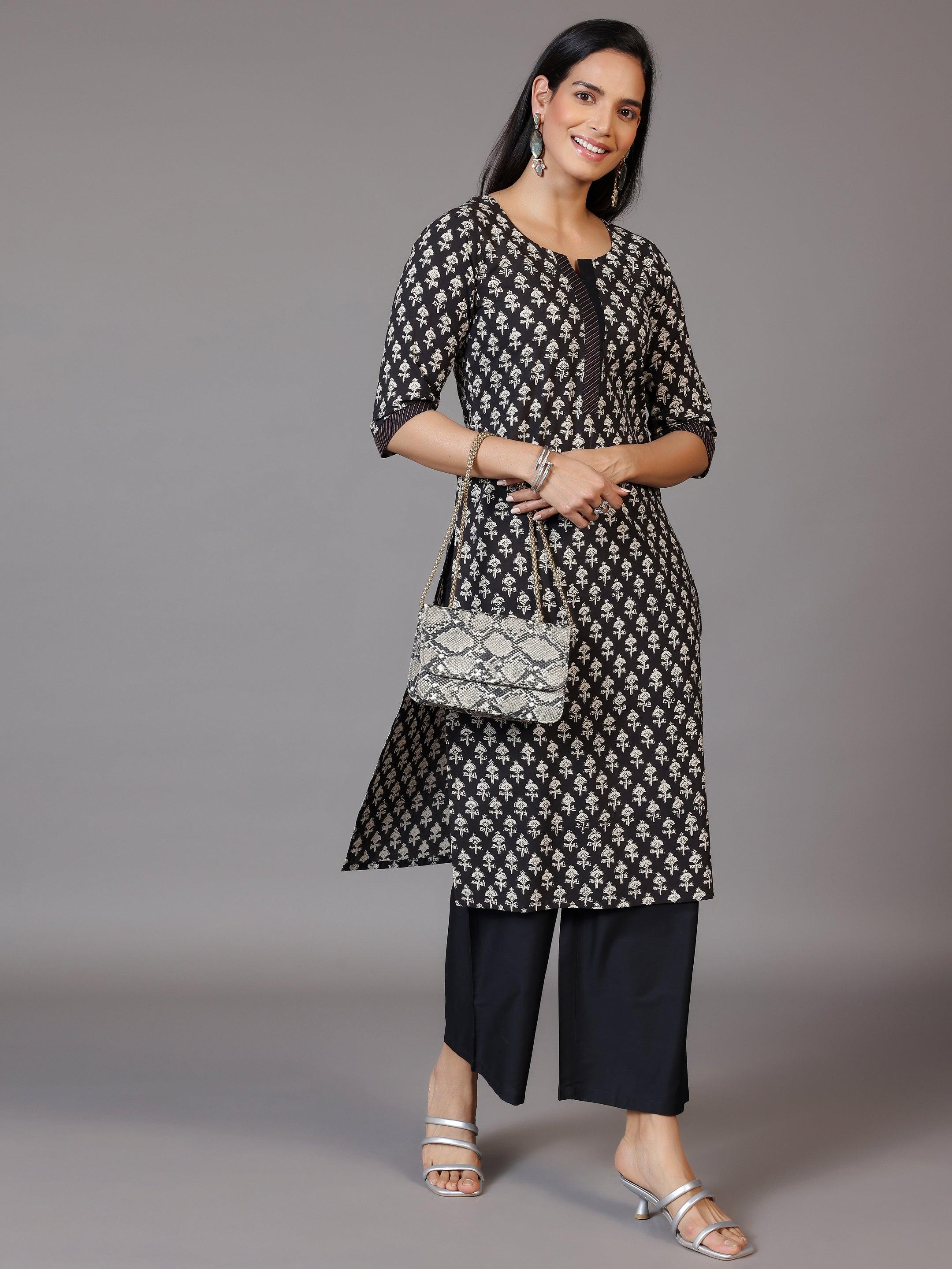 Black Printed Cotton Straight Kurta