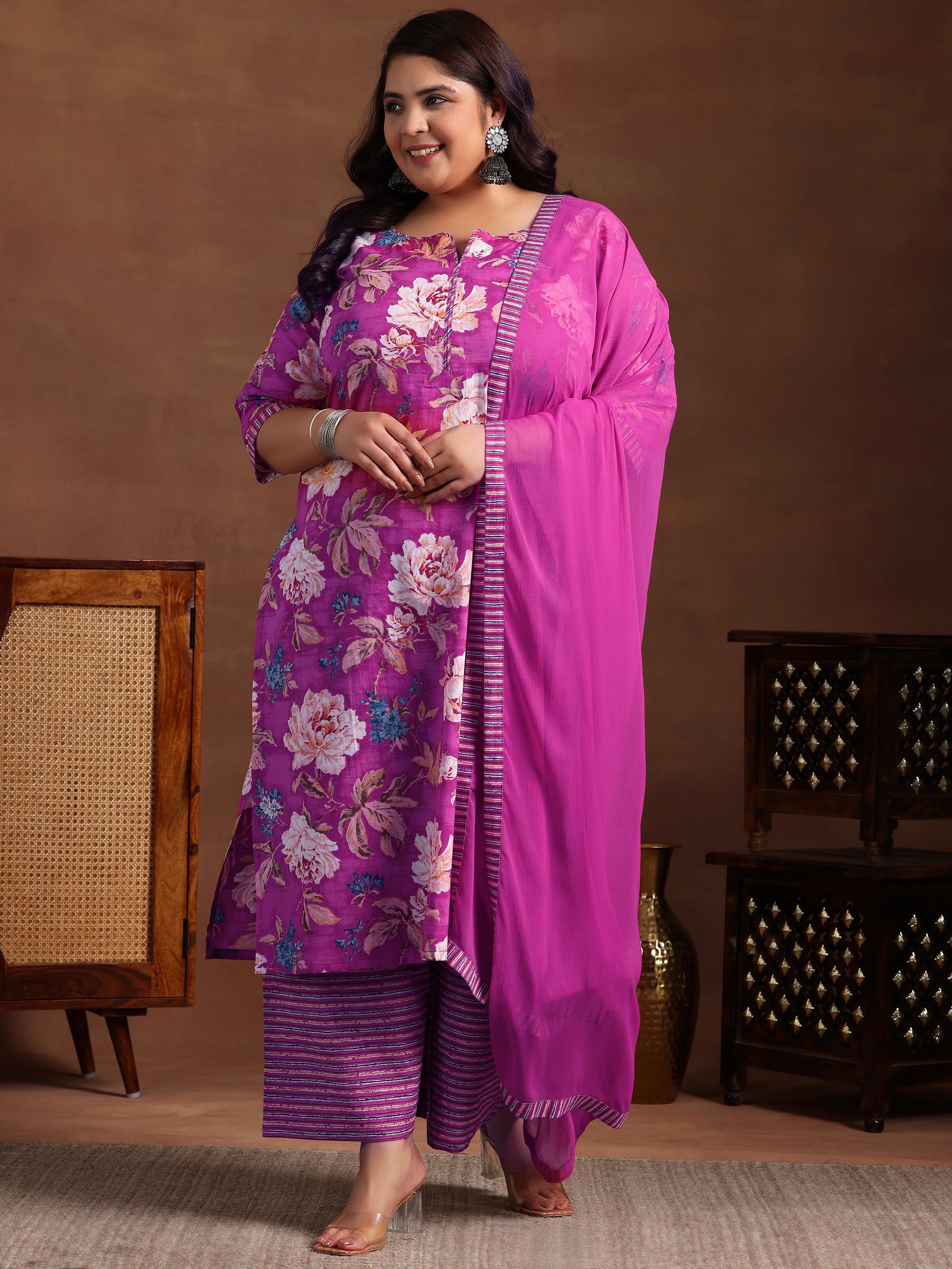 Plus Size Pink Printed Cotton Straight Suit With Dupatta