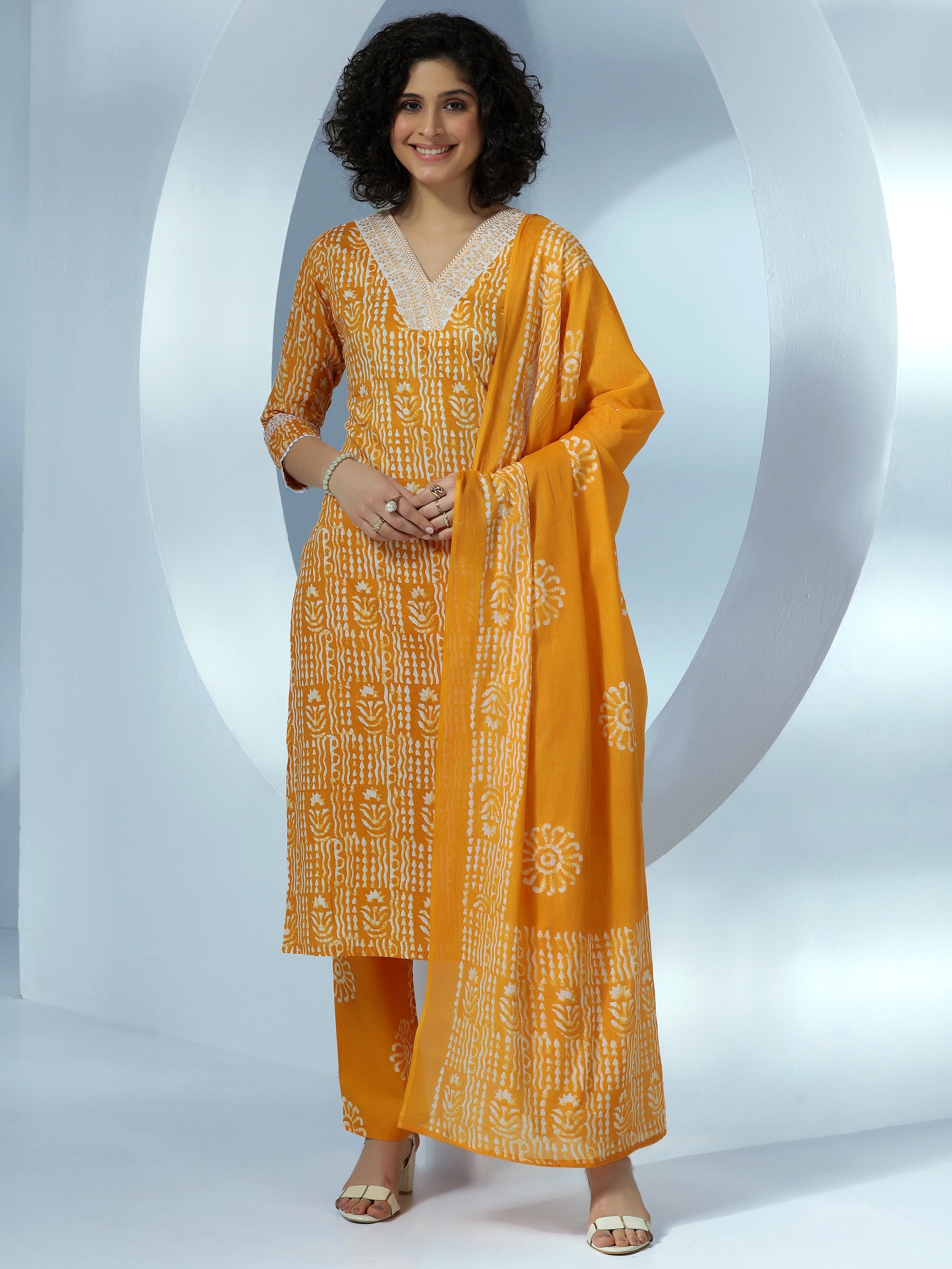 Mustard Printed Cotton Straight Suit With Dupatta