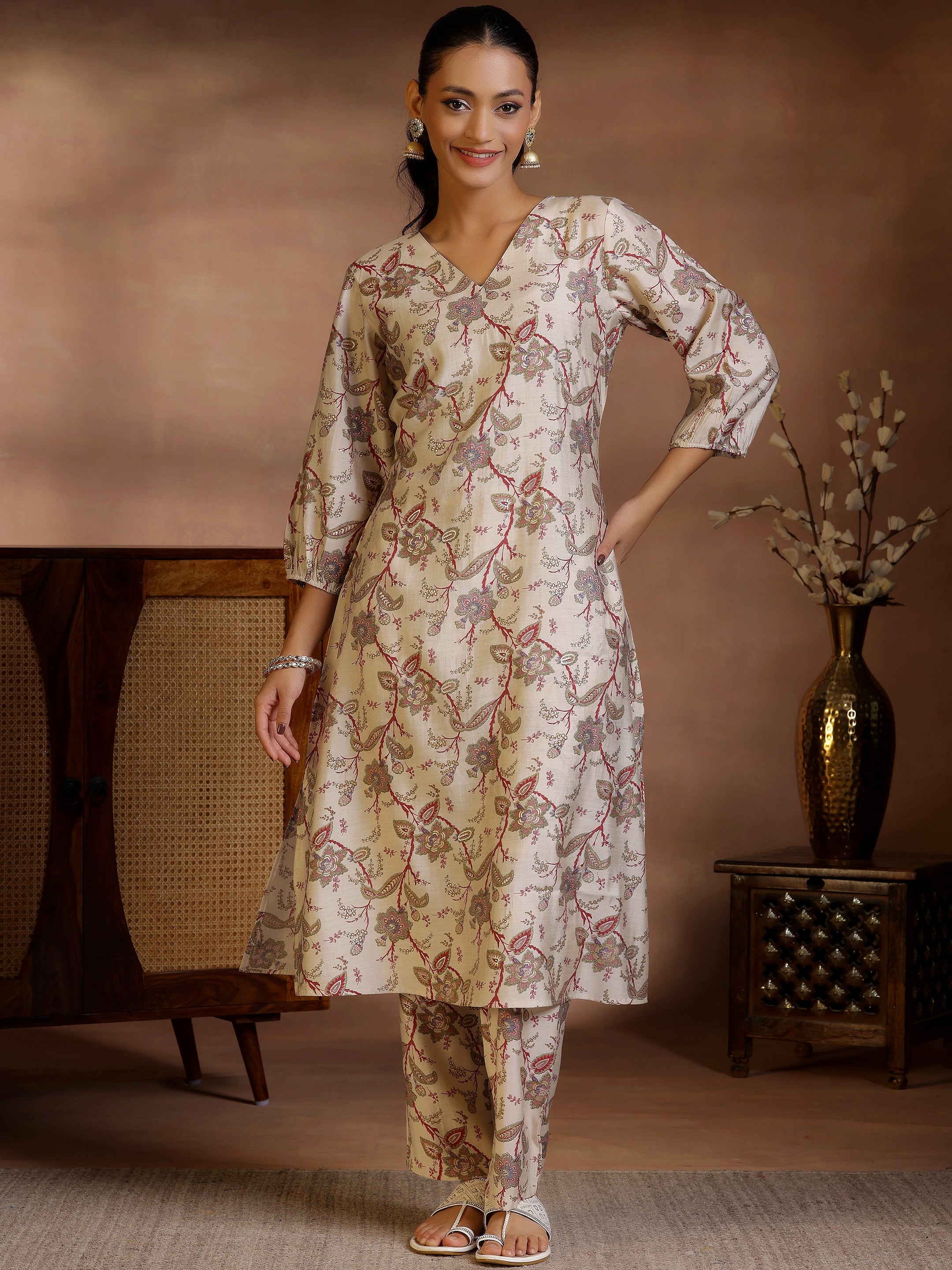 Beige Printed Silk Blend Co-Ords