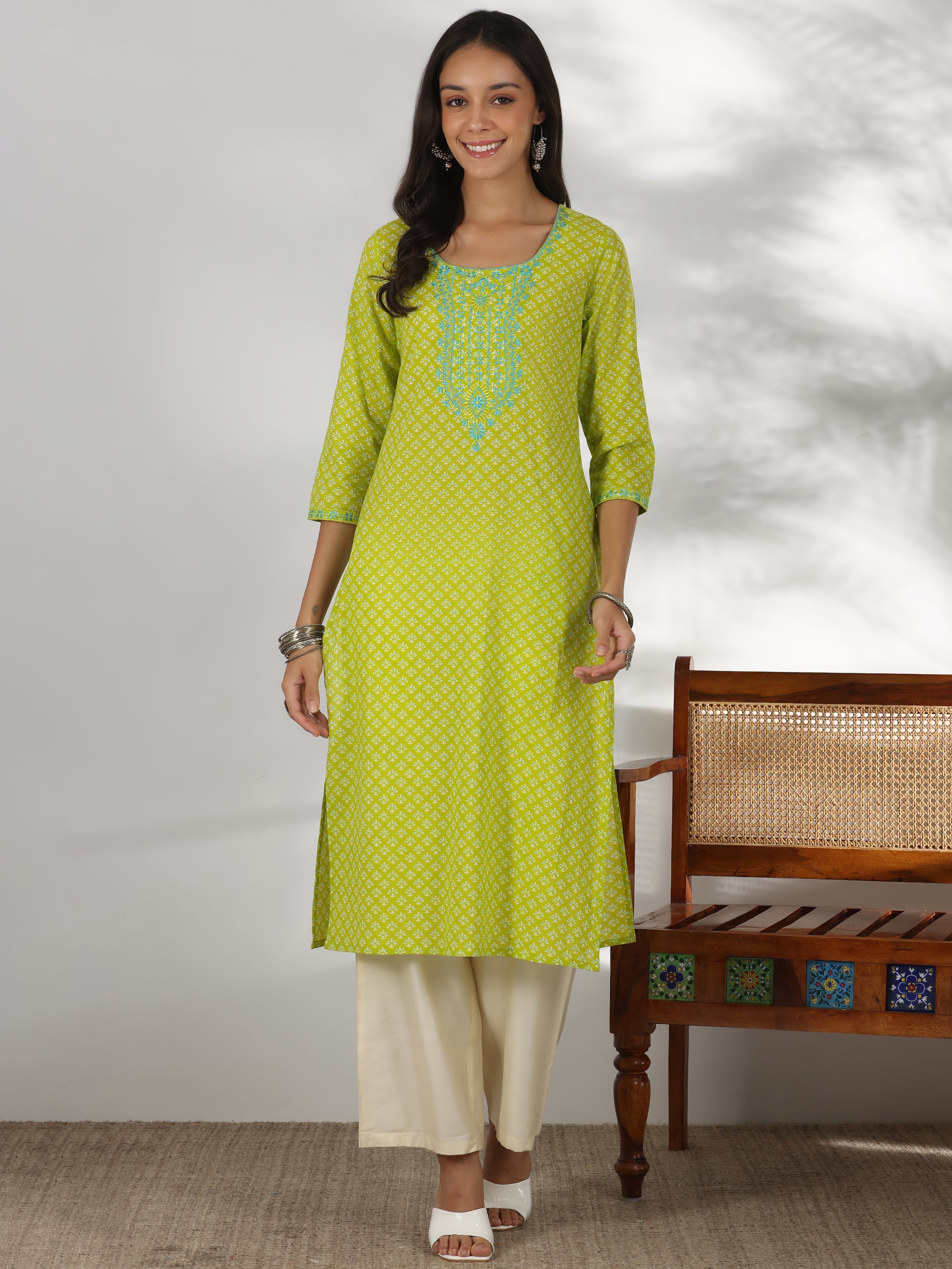 Green Printed Cotton Straight Kurta