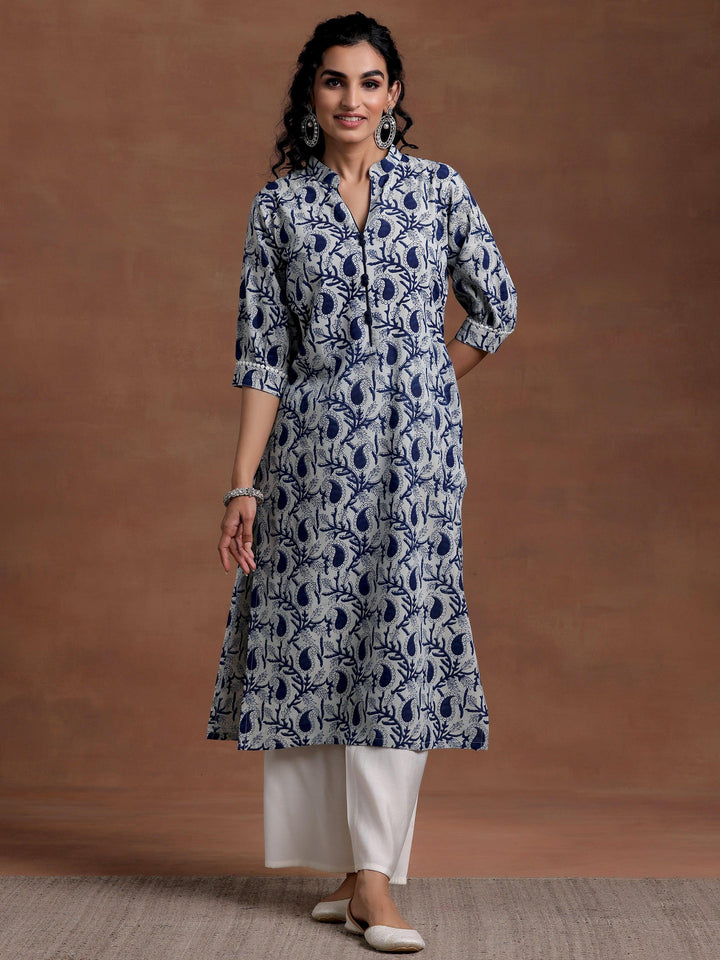 Blue Printed Cotton Straight Kurta - Libas