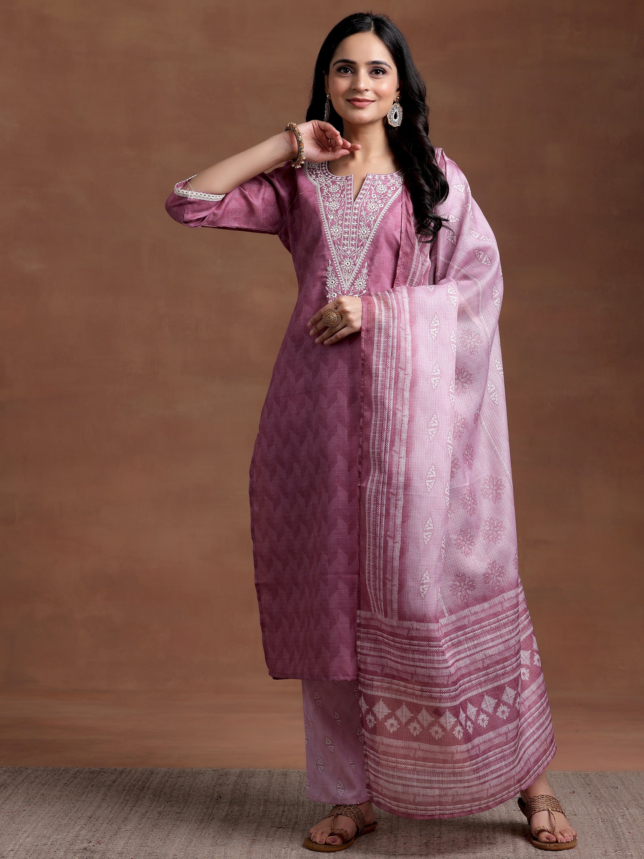 Pink Yoke Design Cotton Straight Suit With Dupatta