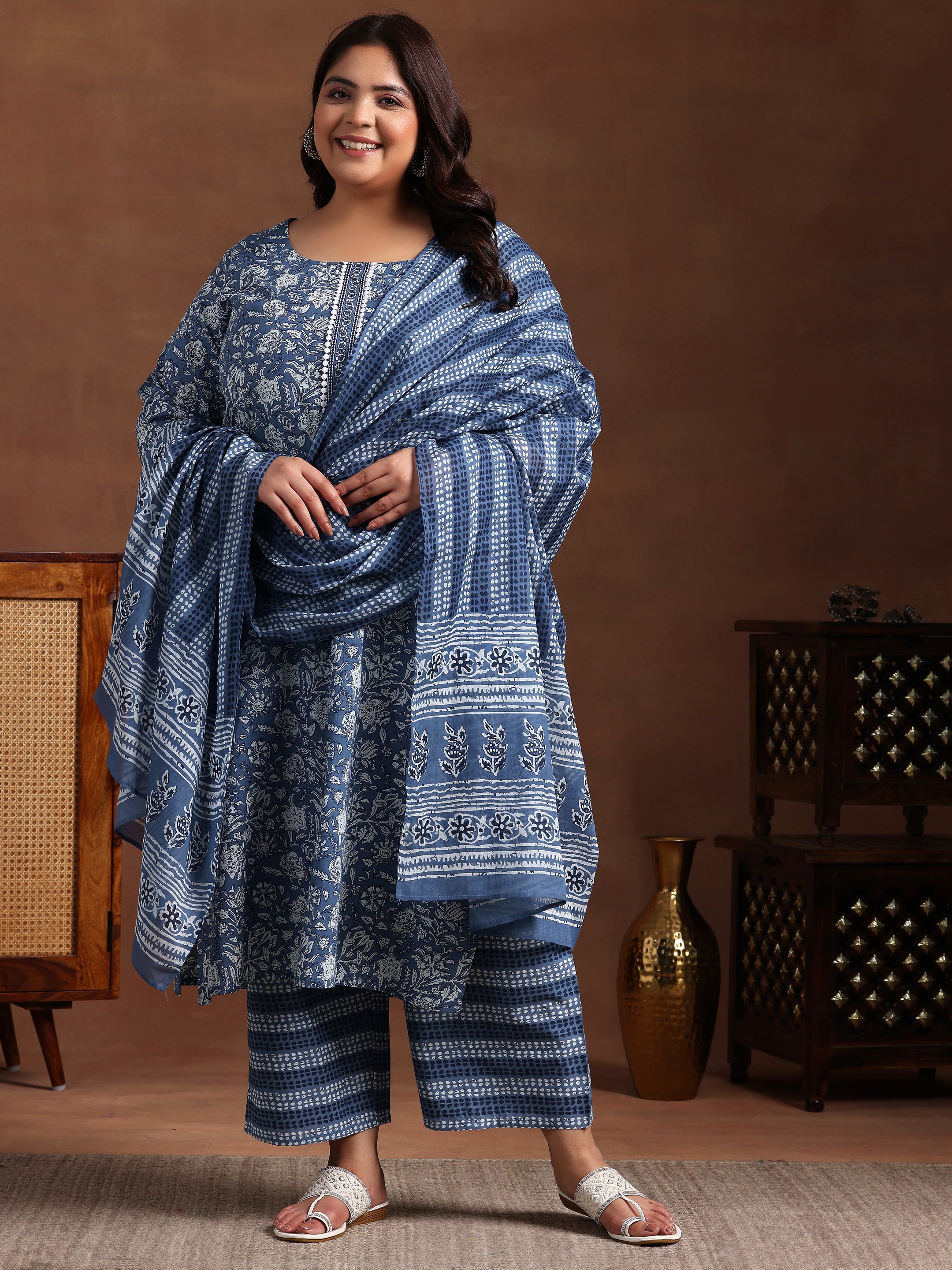 Plus Size Blue Printed Cotton Straight Suit With Dupatta