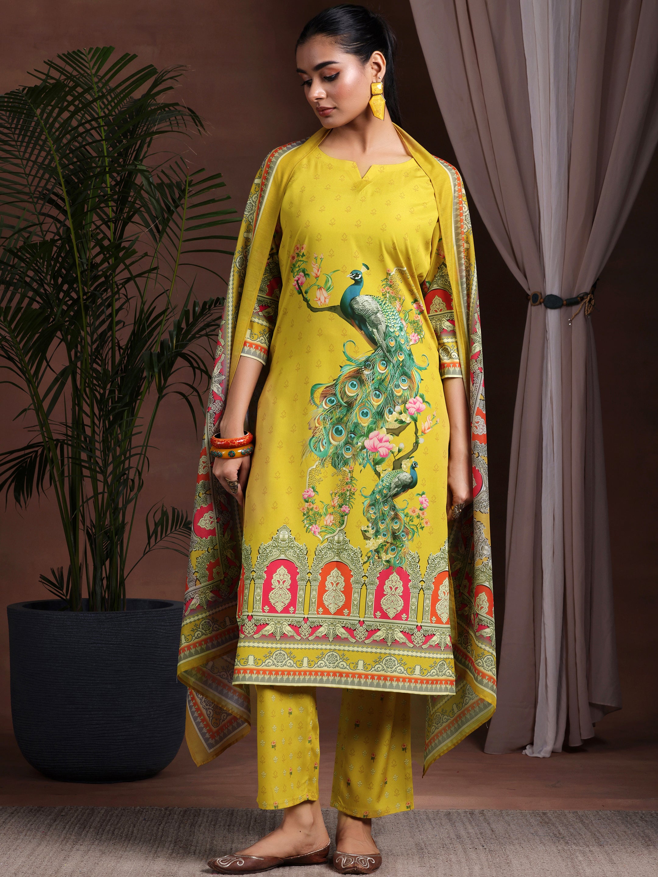 Mustard Printed Poly Crepe Straight Suit With Dupatta