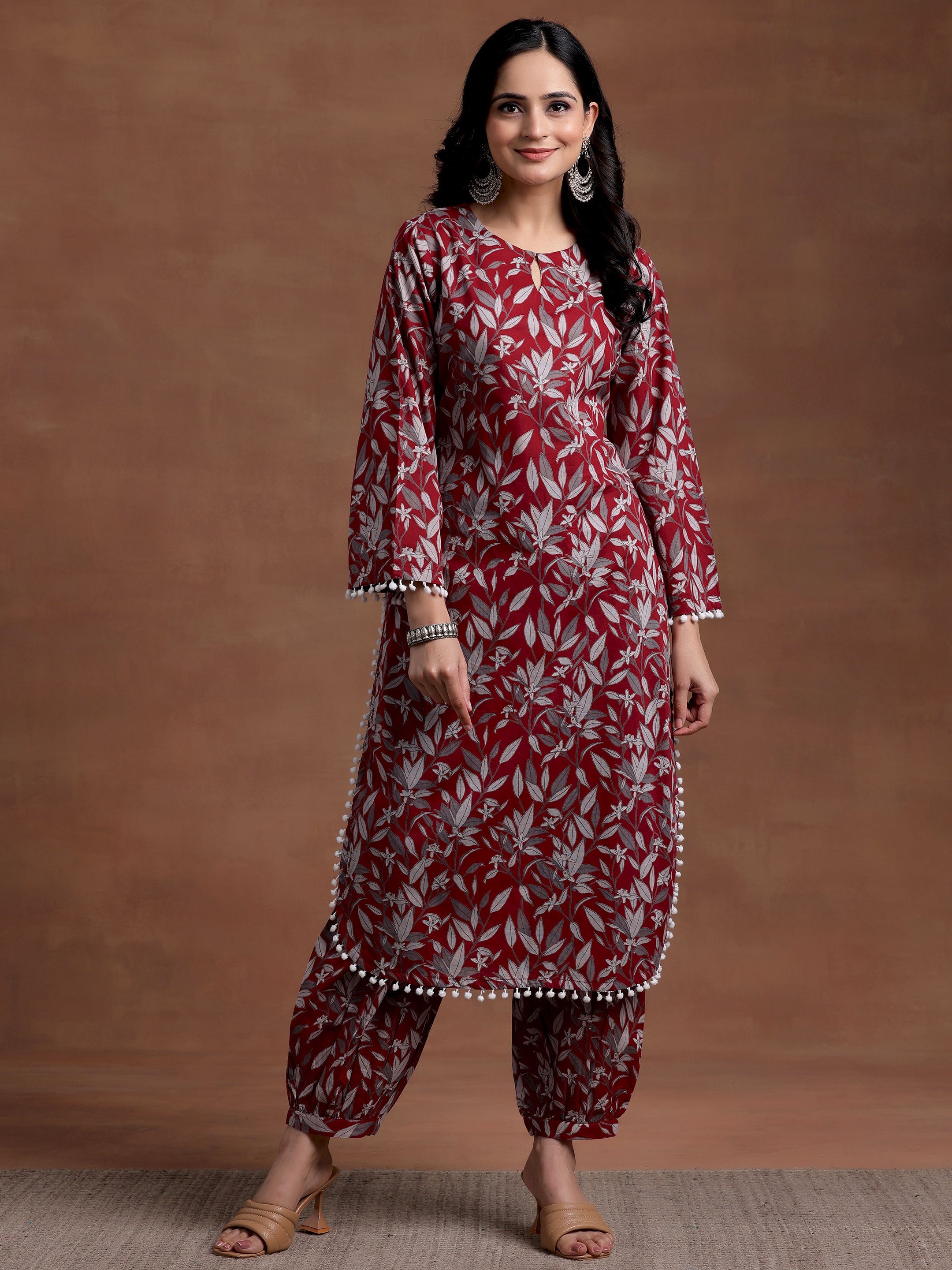 Rust Printed Cotton Pathani Kurta Set