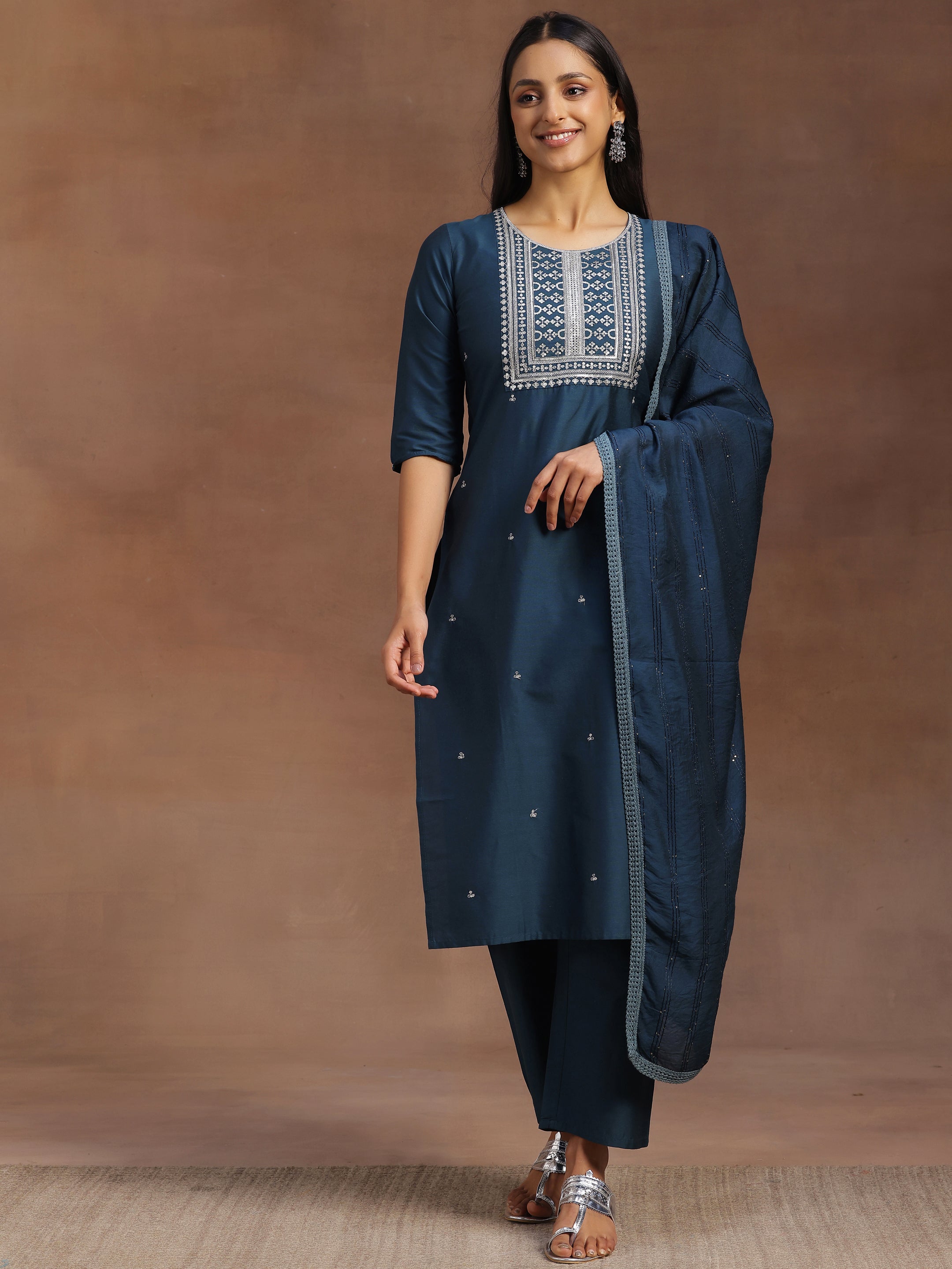 Blue Yoke Design Silk Blend Straight Suit With Dupatta