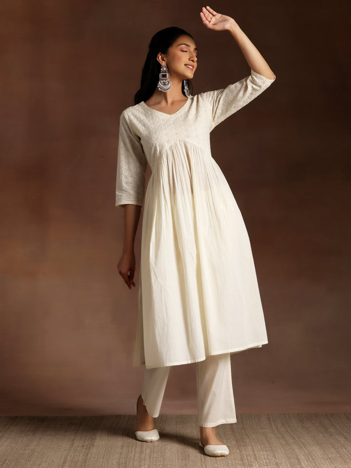 Off White Embroidered Cotton Straight Kurta Set