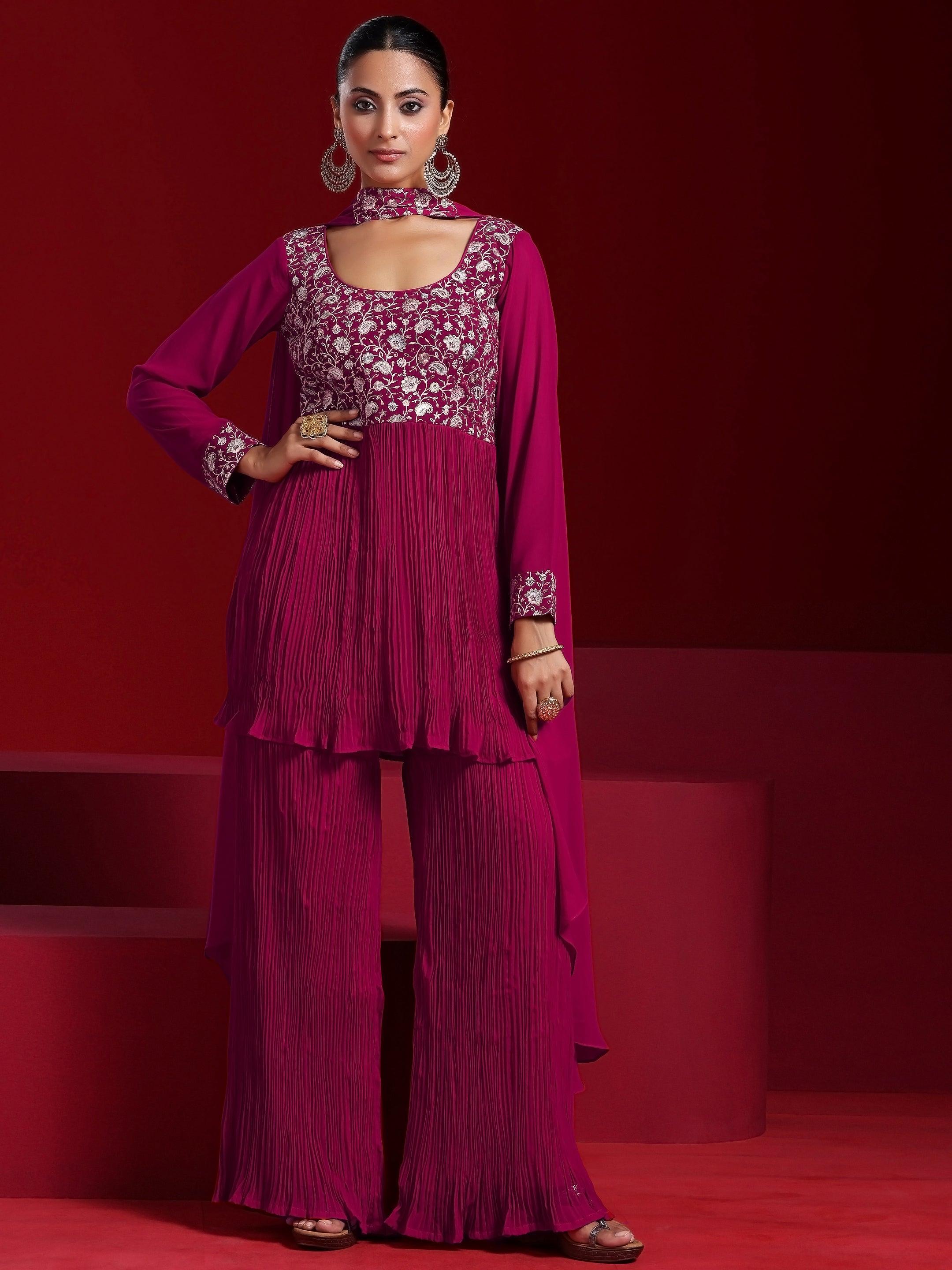 Libas Art Pink Embroidered Georgette A-Line Kurta With Sharara & Dupatta