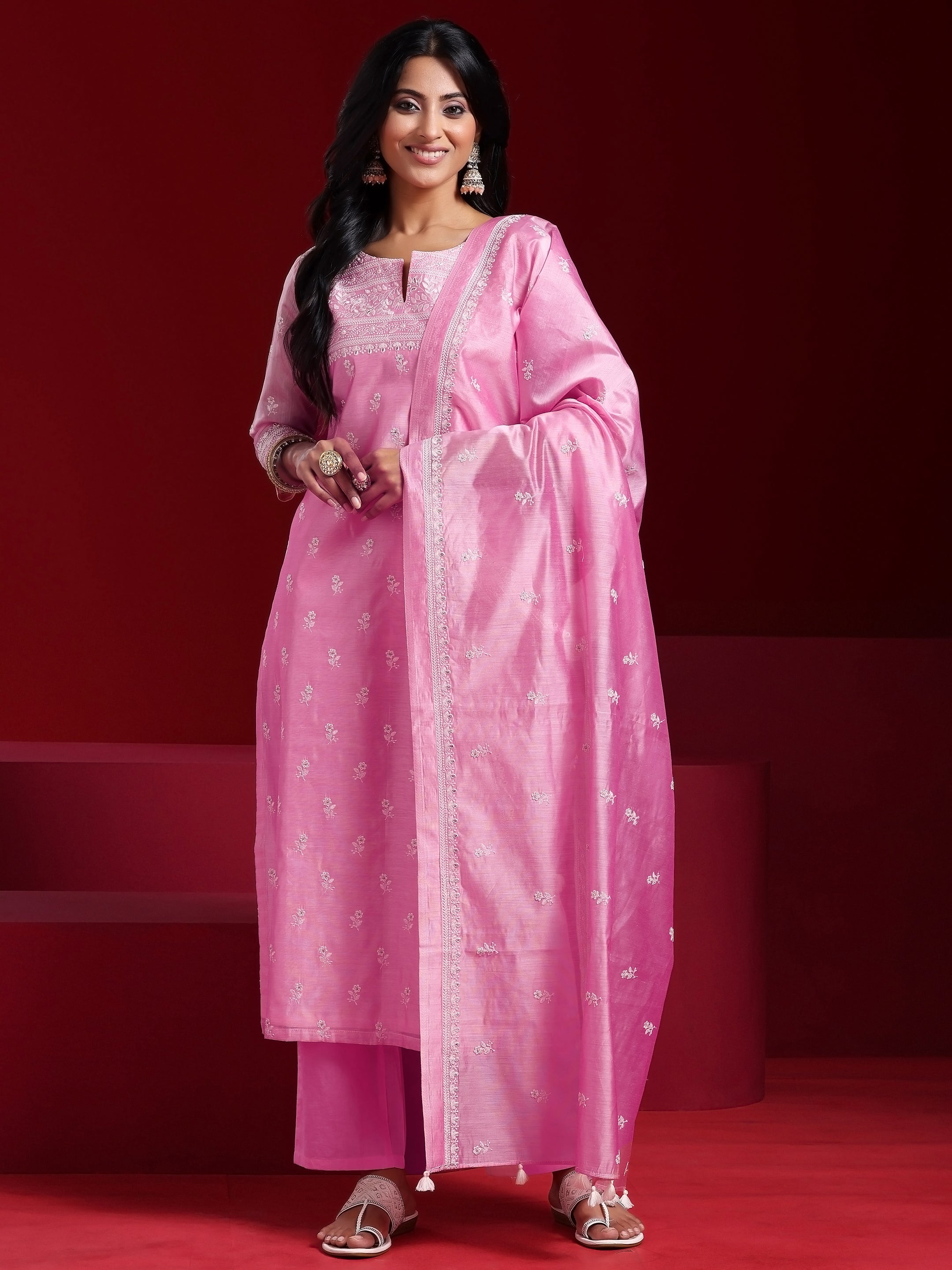 Libas Art Pink Embroidered Chanderi Silk Straight Suit With Dupatta