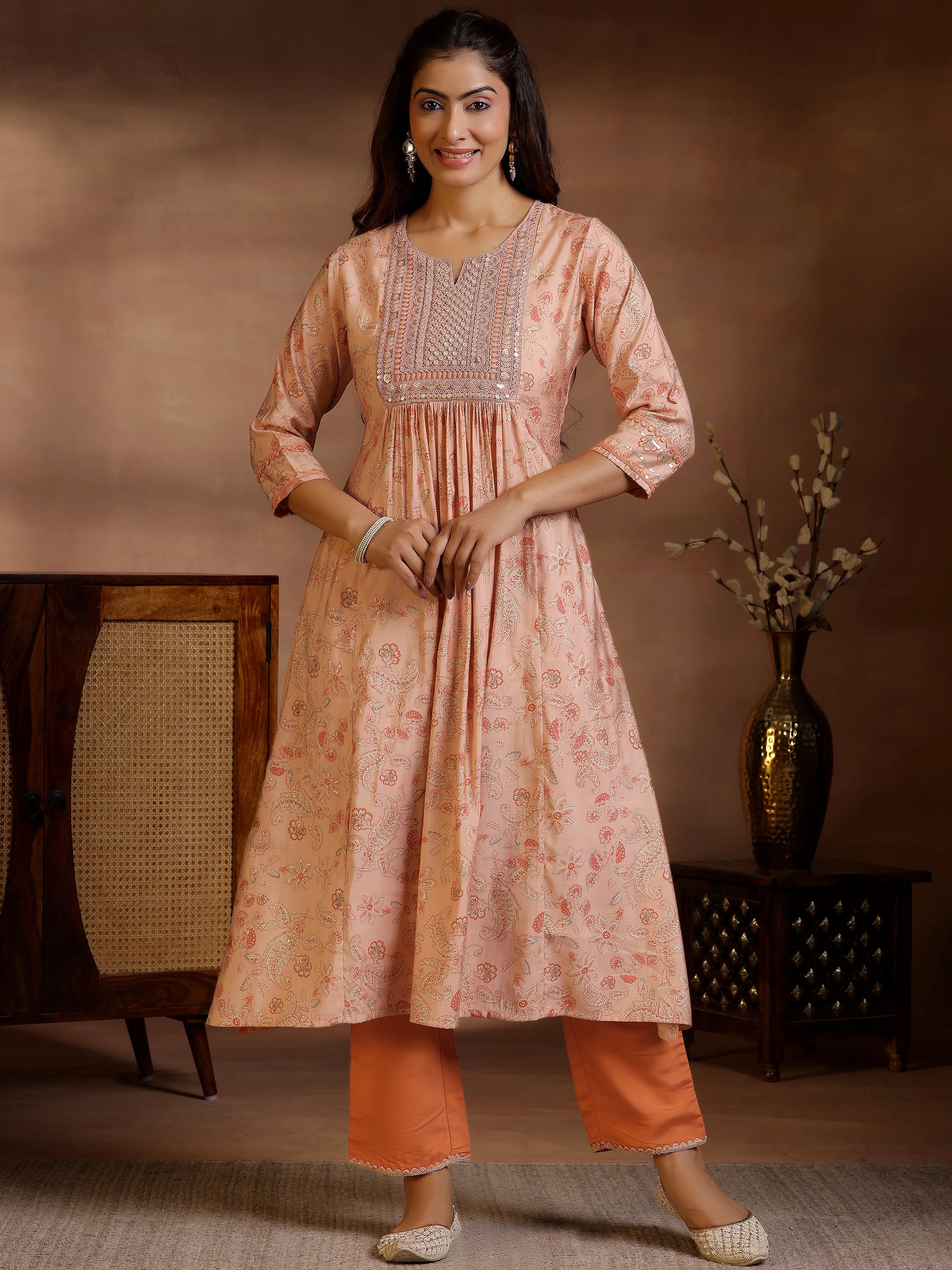 Rust Printed Silk Blend A-Line Kurta With Palazzos