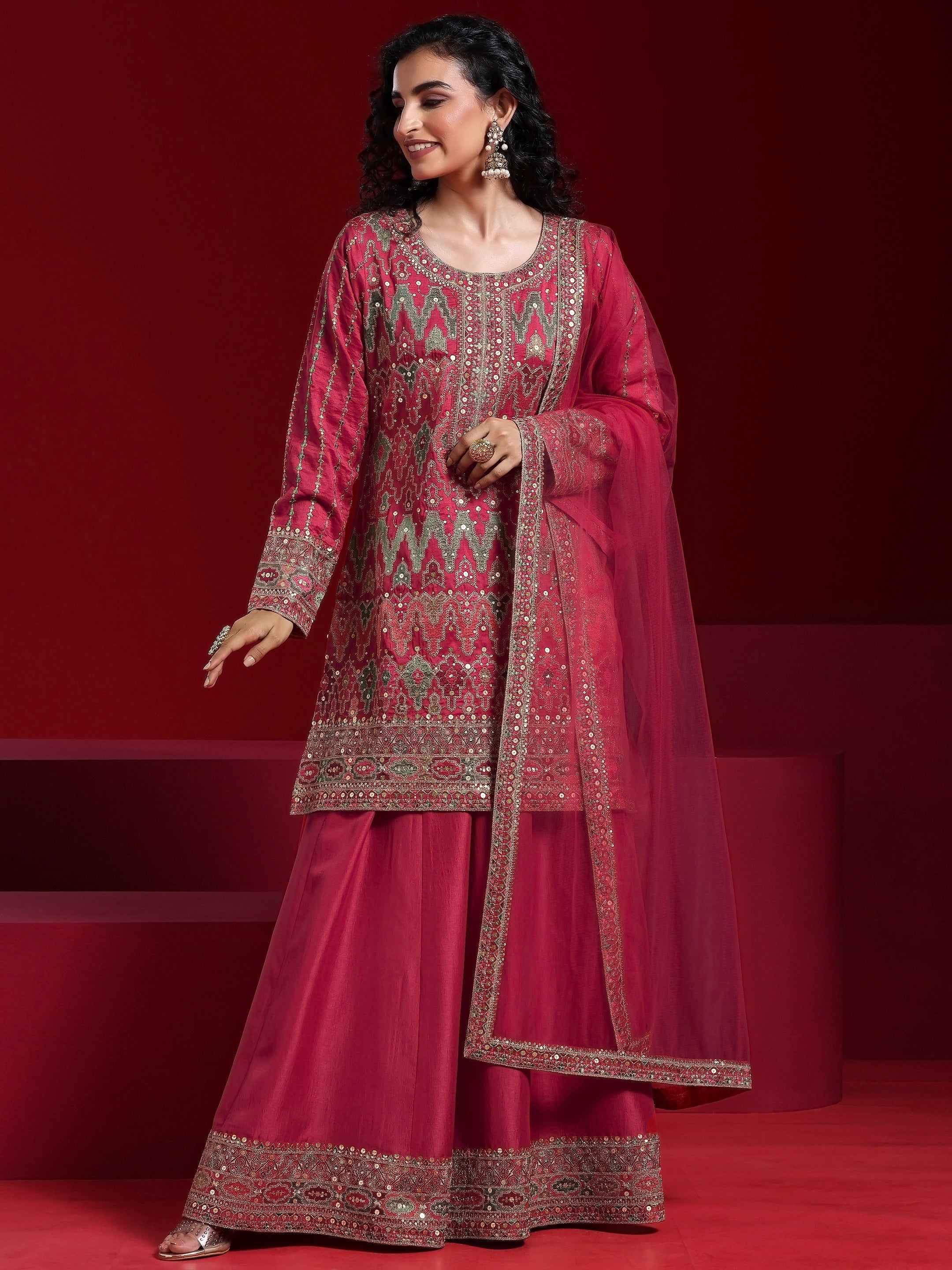 Libas Art Coral Embroidered Silk Blend Straight Suit With Dupatta