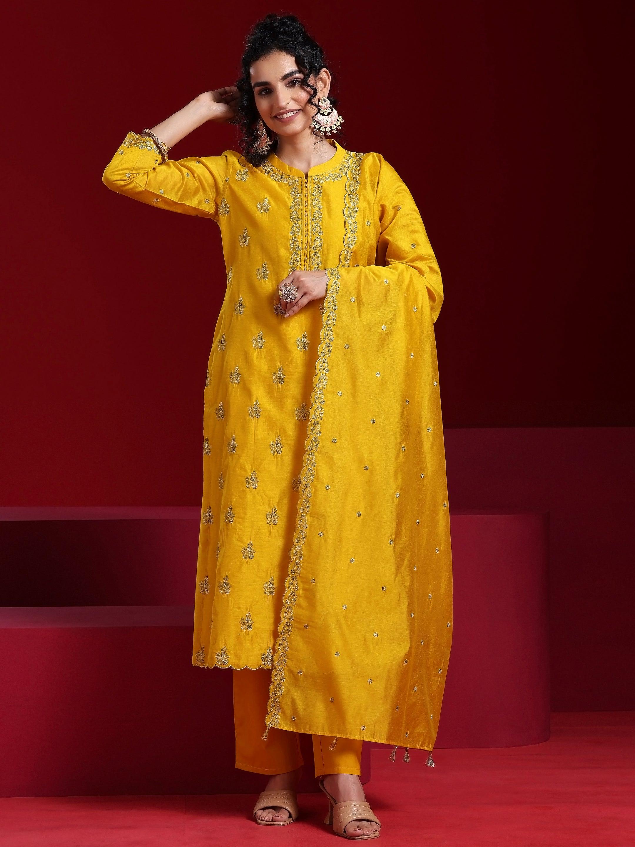 Libas Art Mustard Embroidered Chanderi Silk Straight Suit With Dupatta