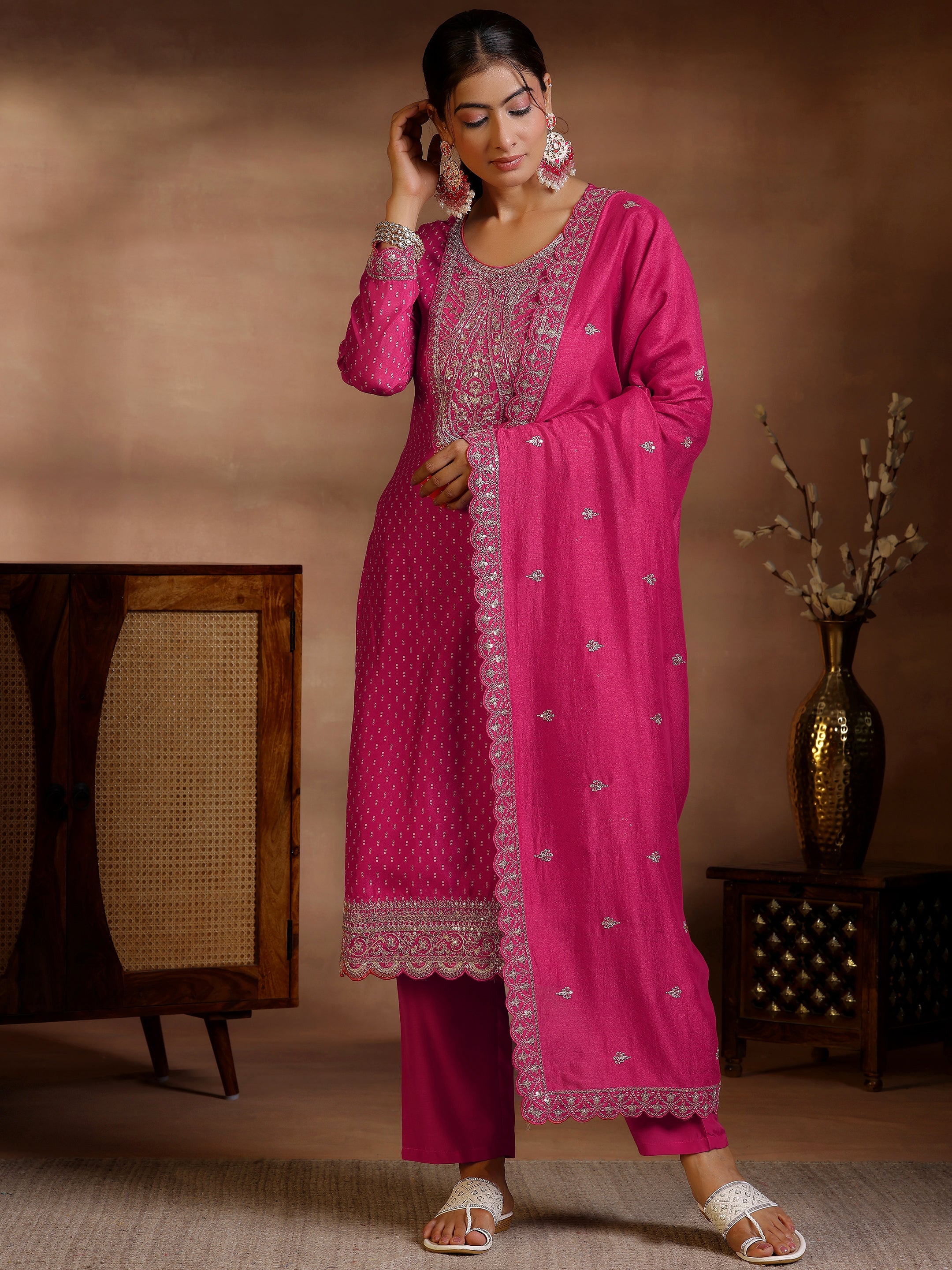 Pink Printed Silk Blend Straight Suit With Dupatta