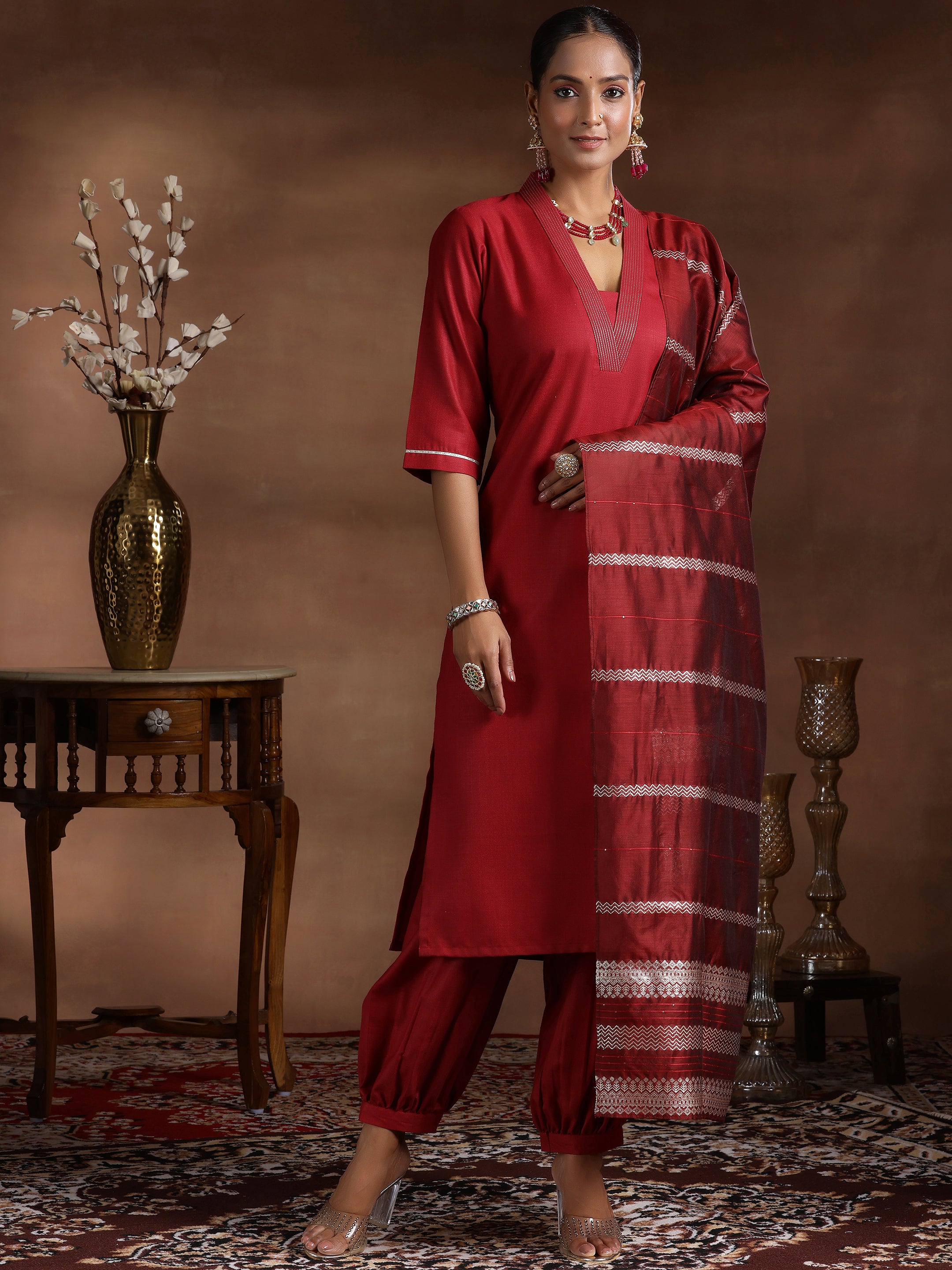 Maroon Solid Silk Blend Straight Suit With Dupatta