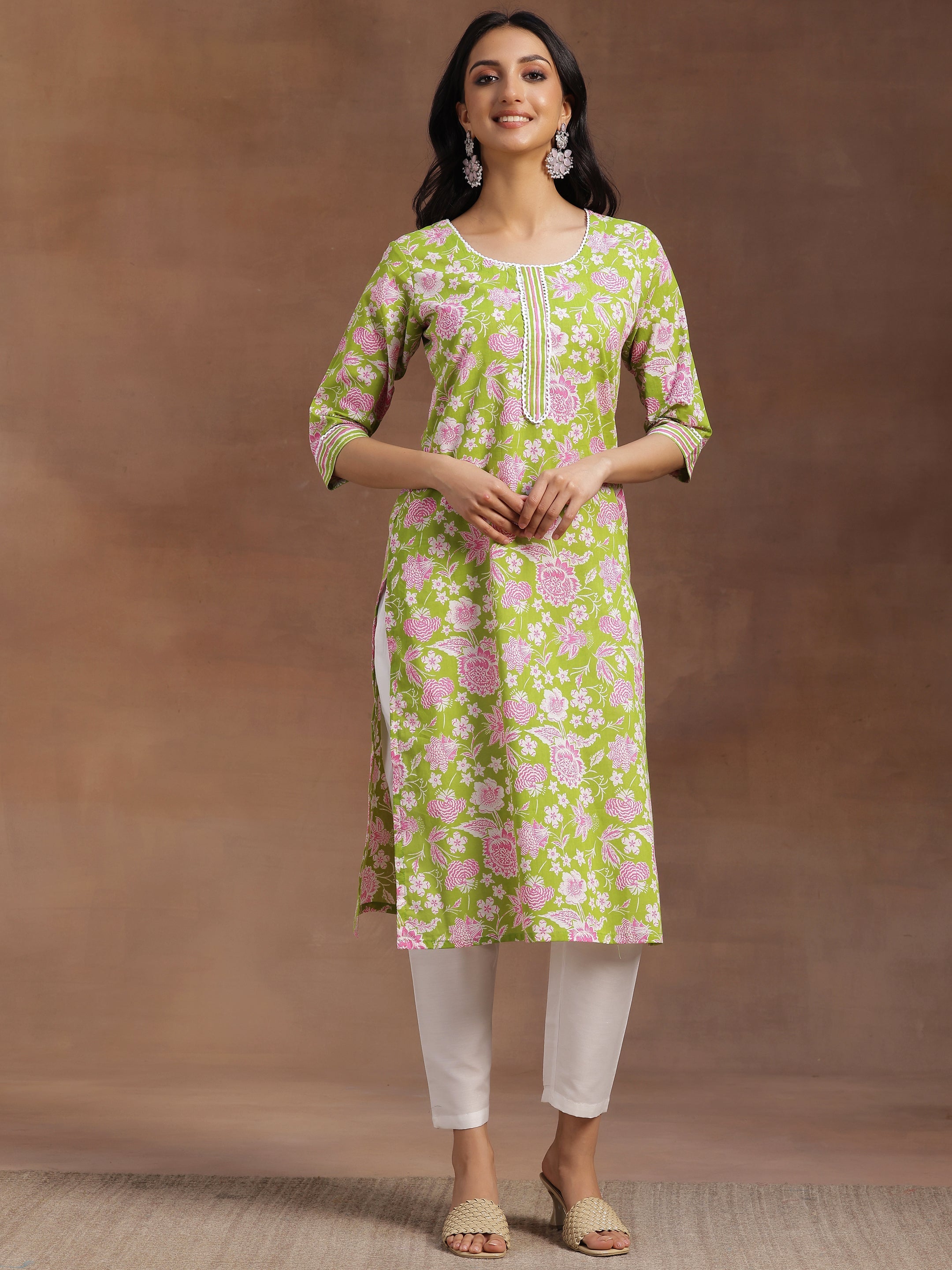 Green Printed Cotton Straight Kurta