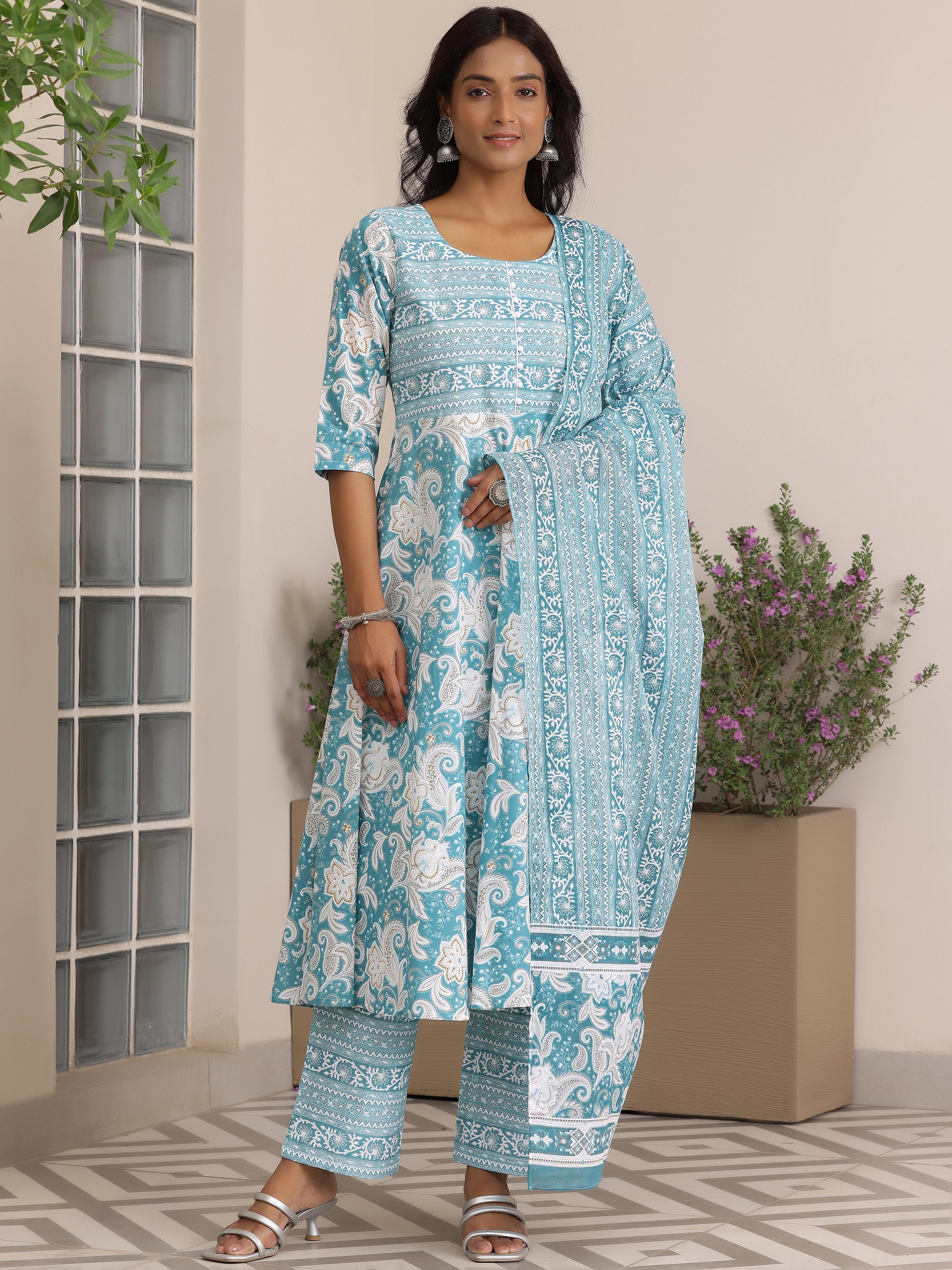 Blue Printed Cotton Anarkali Suit With Dupatta