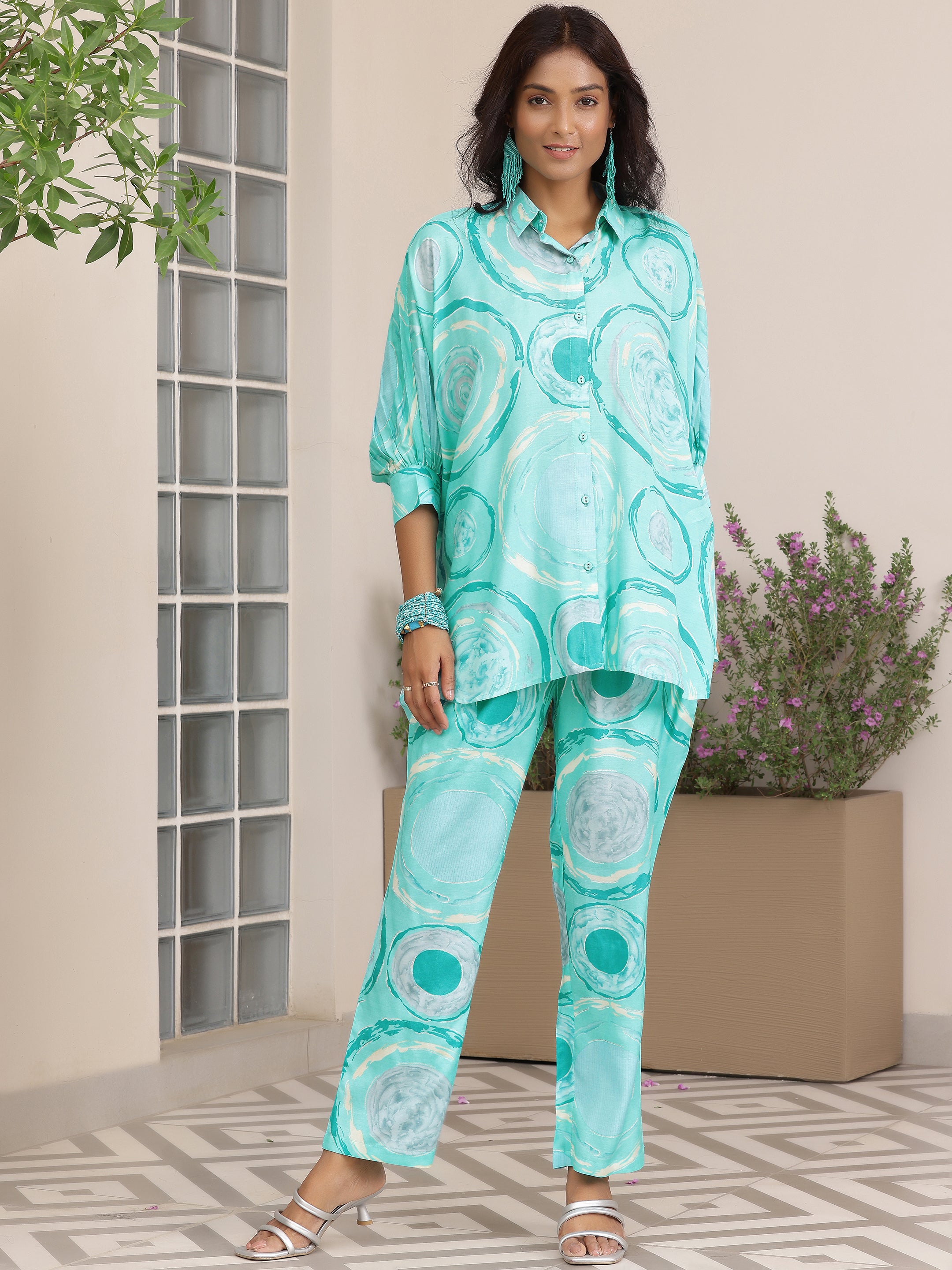 Blue Printed Silk Blend Co-Ords