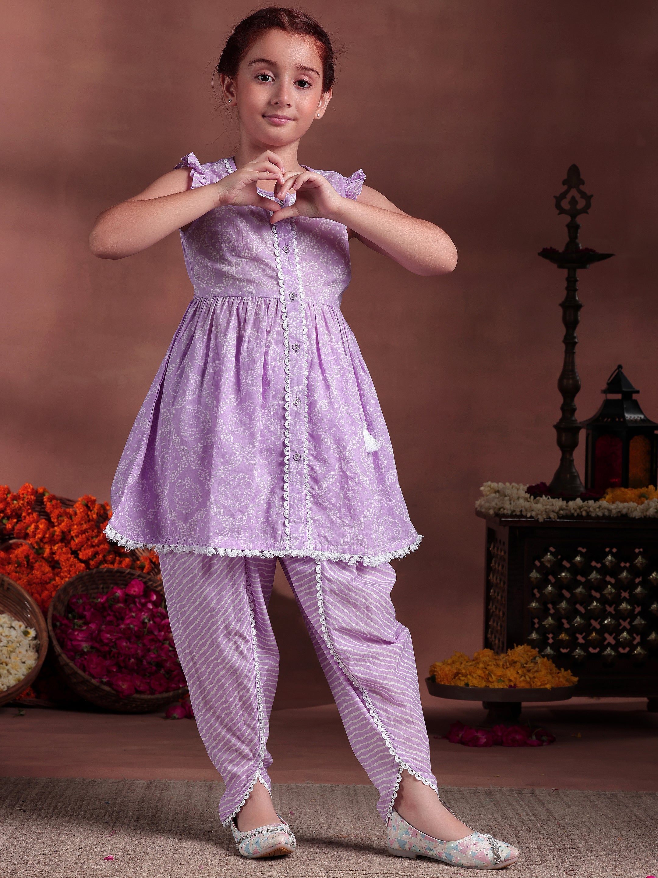 Kids Purple Printed Cotton Straight Suit With Dupatta