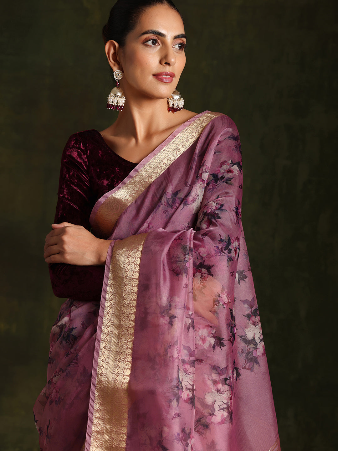 Purple Printed Organza Saree With Unstitched Blouse Piece