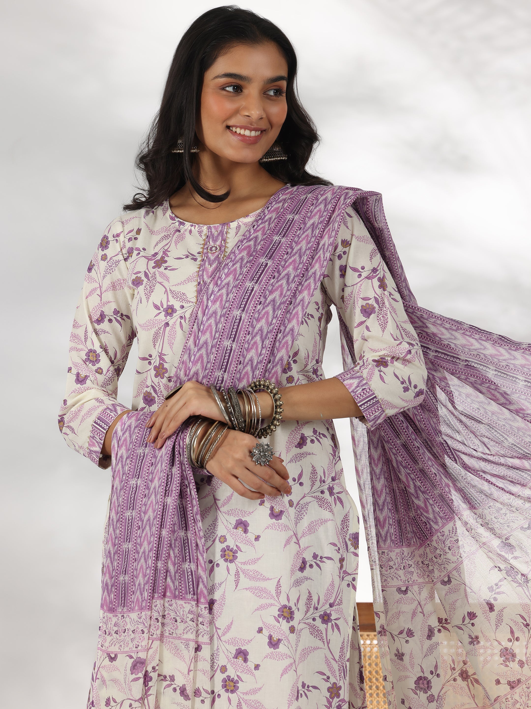 Off White Printed Cotton Straight Suit With Dupatta