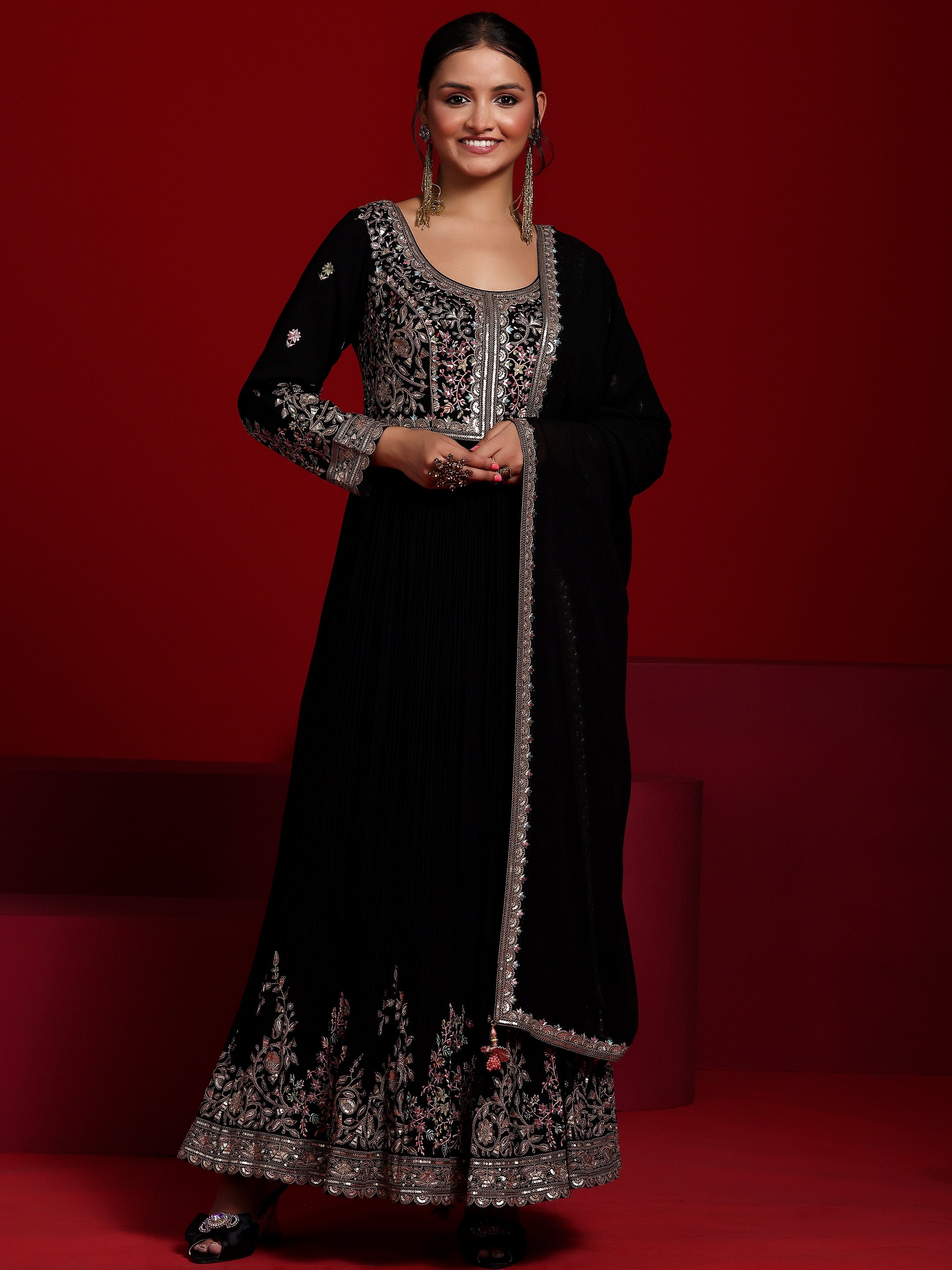 Libas Art Black Embroidered Georgette A-Line Kurta With Trousers & Dupatta