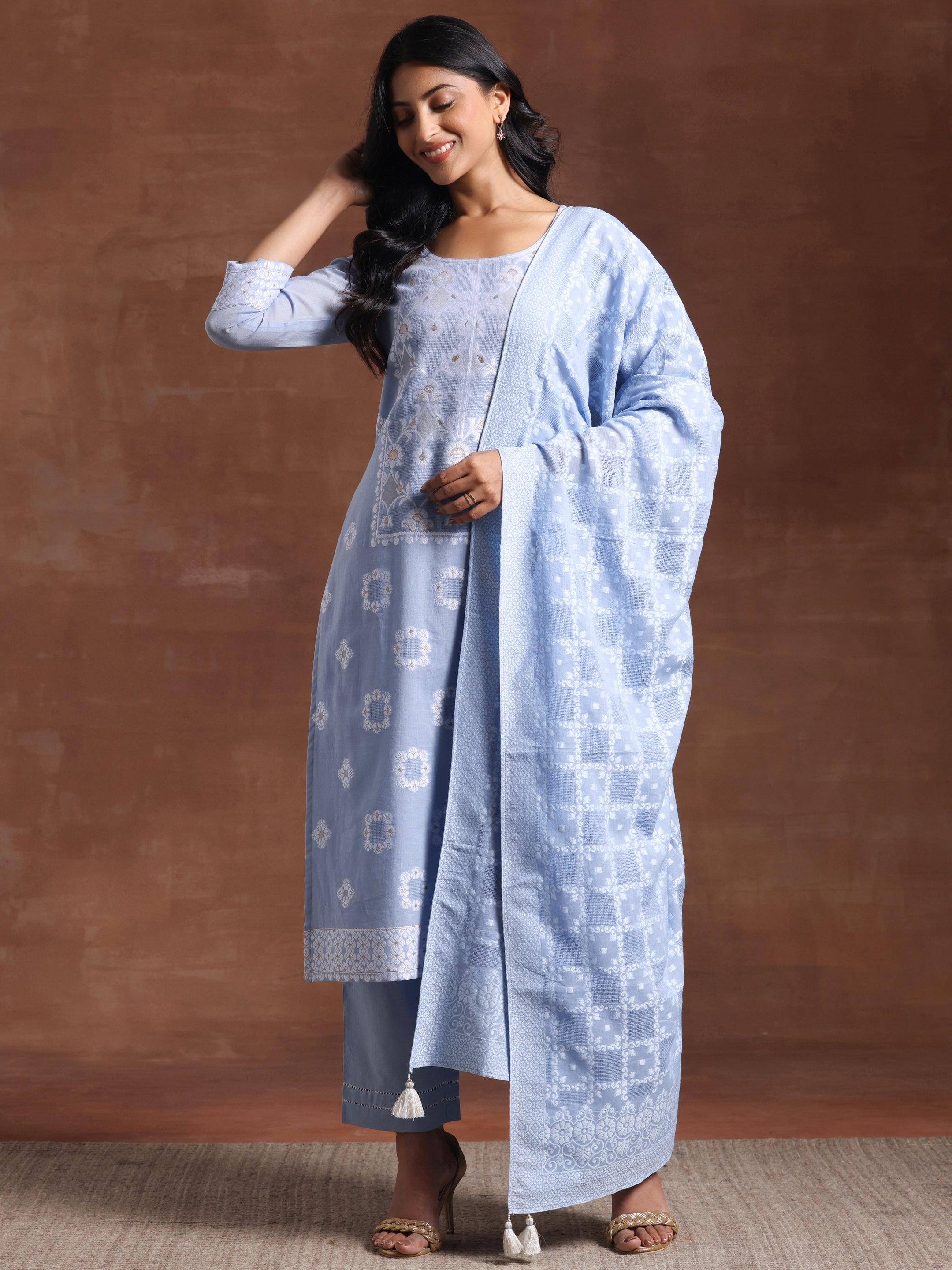 Blue Woven Design Cotton Straight Suit With Dupatta