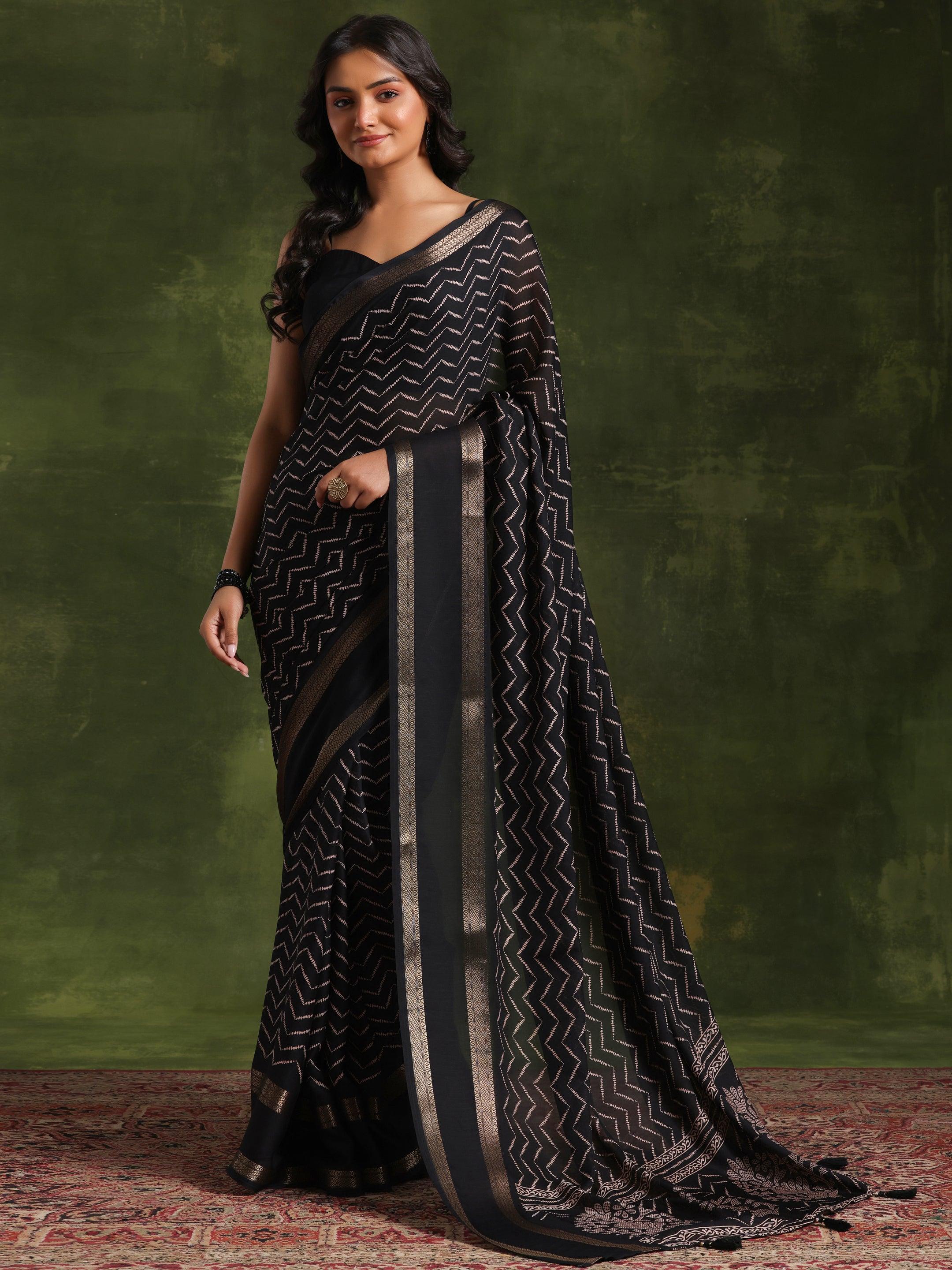 Black Printed Silk Blend Saree With Unstitched Blouse Piece