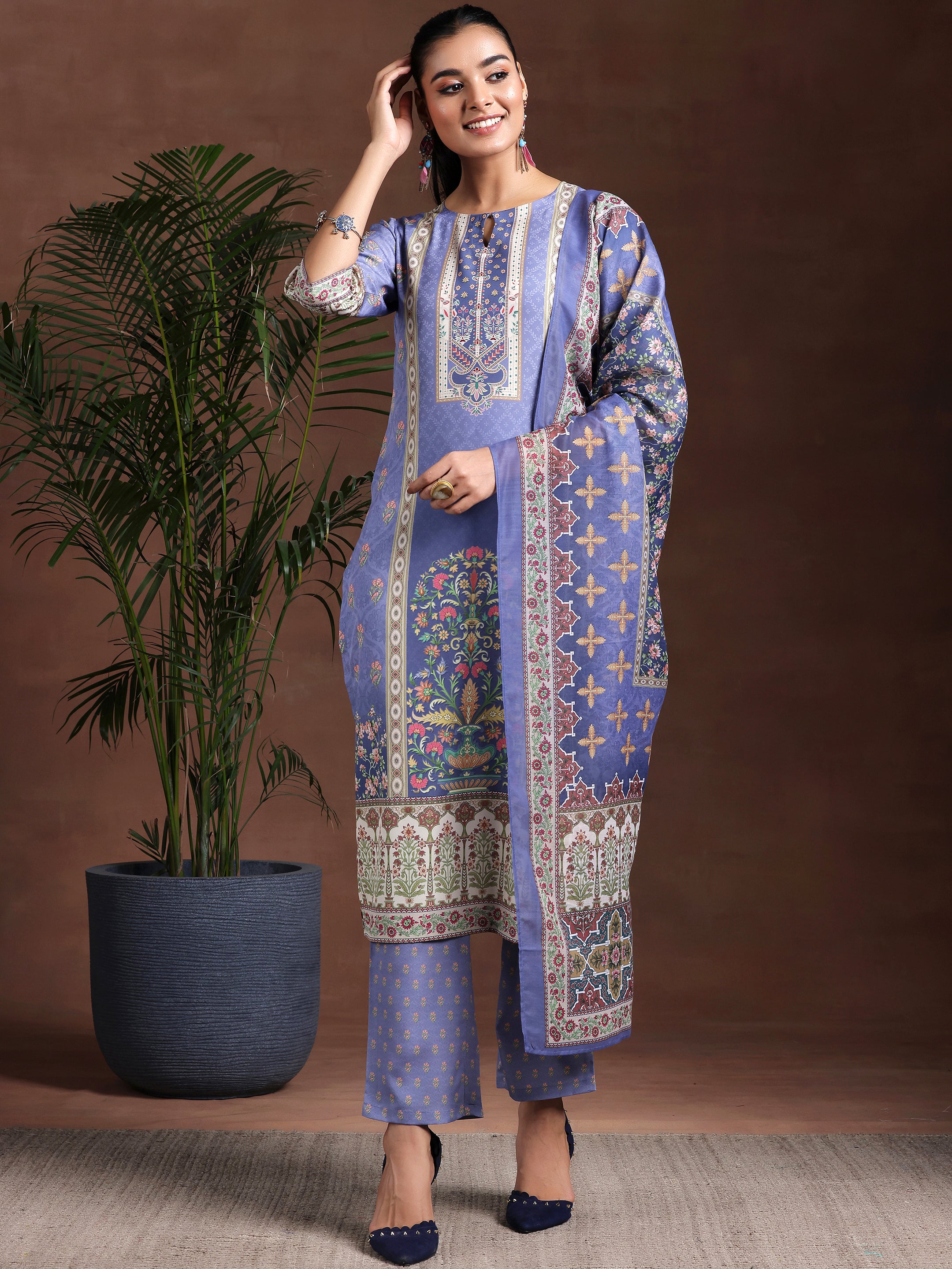 Purple Printed Poly Crepe Straight Suit With Dupatta