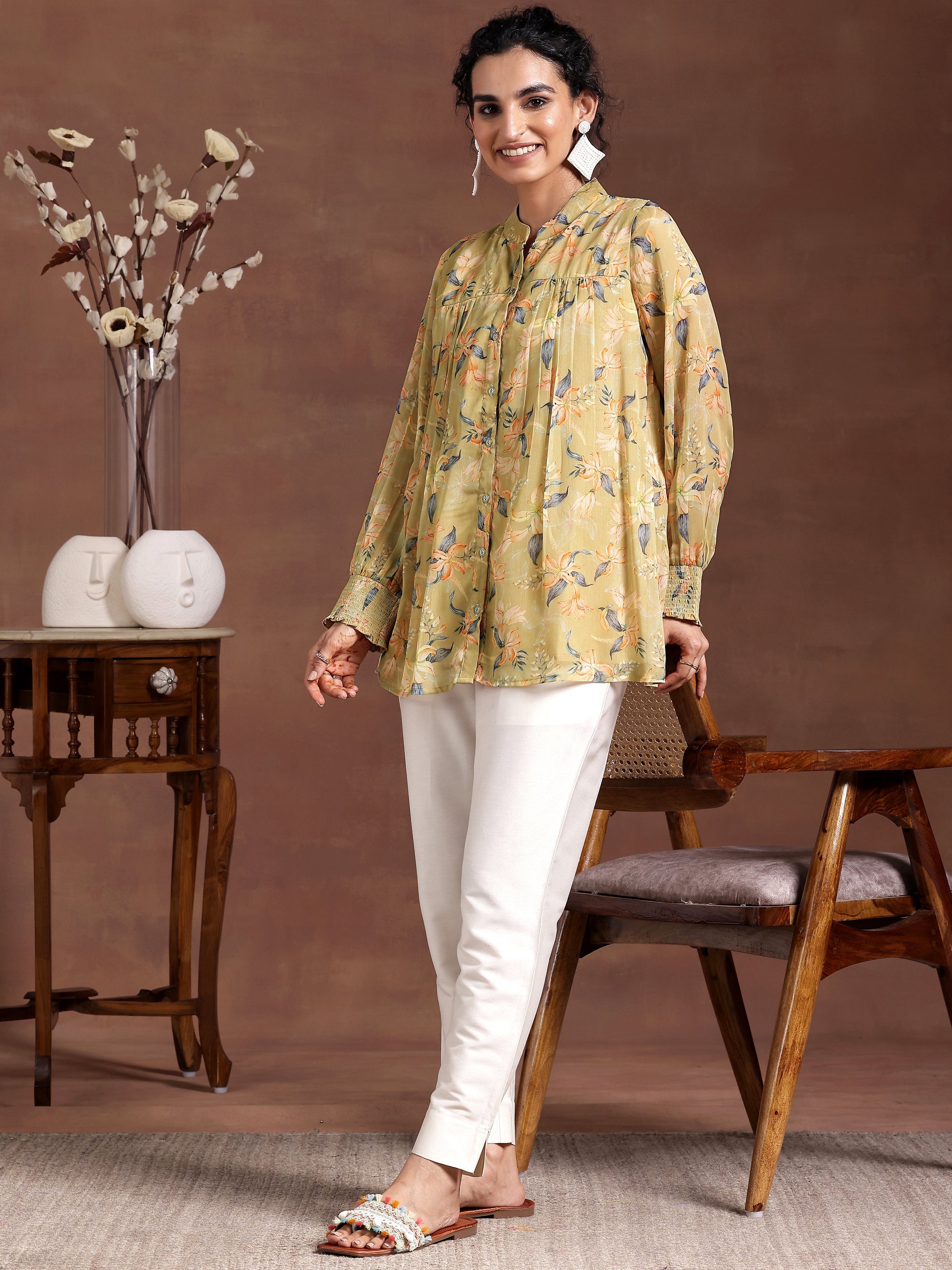 Mustard Printed Chiffon A-Line Kurti