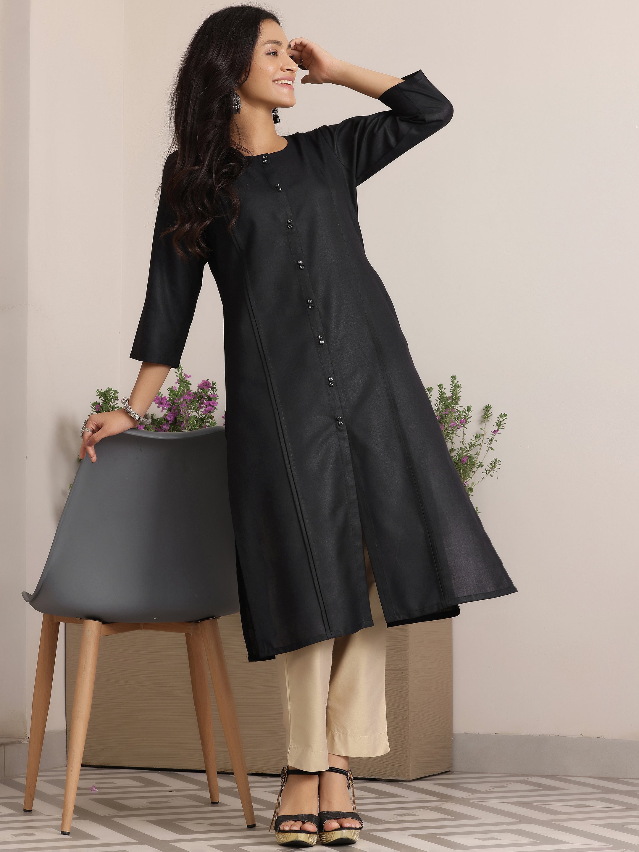 Black Solid Silk Straight Kurta