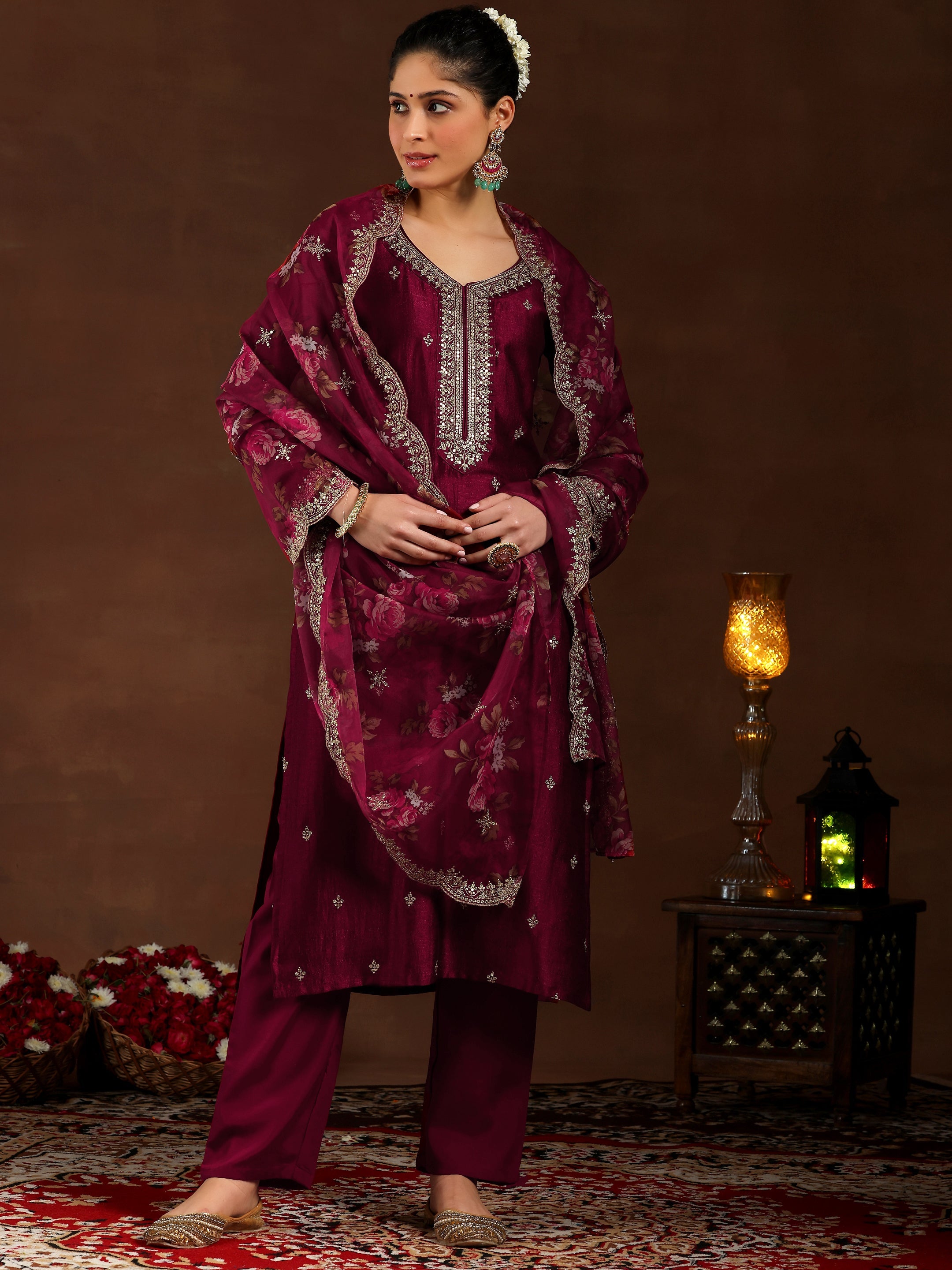 Maroon Embroidered Silk Blend Straight Suit With Dupatta