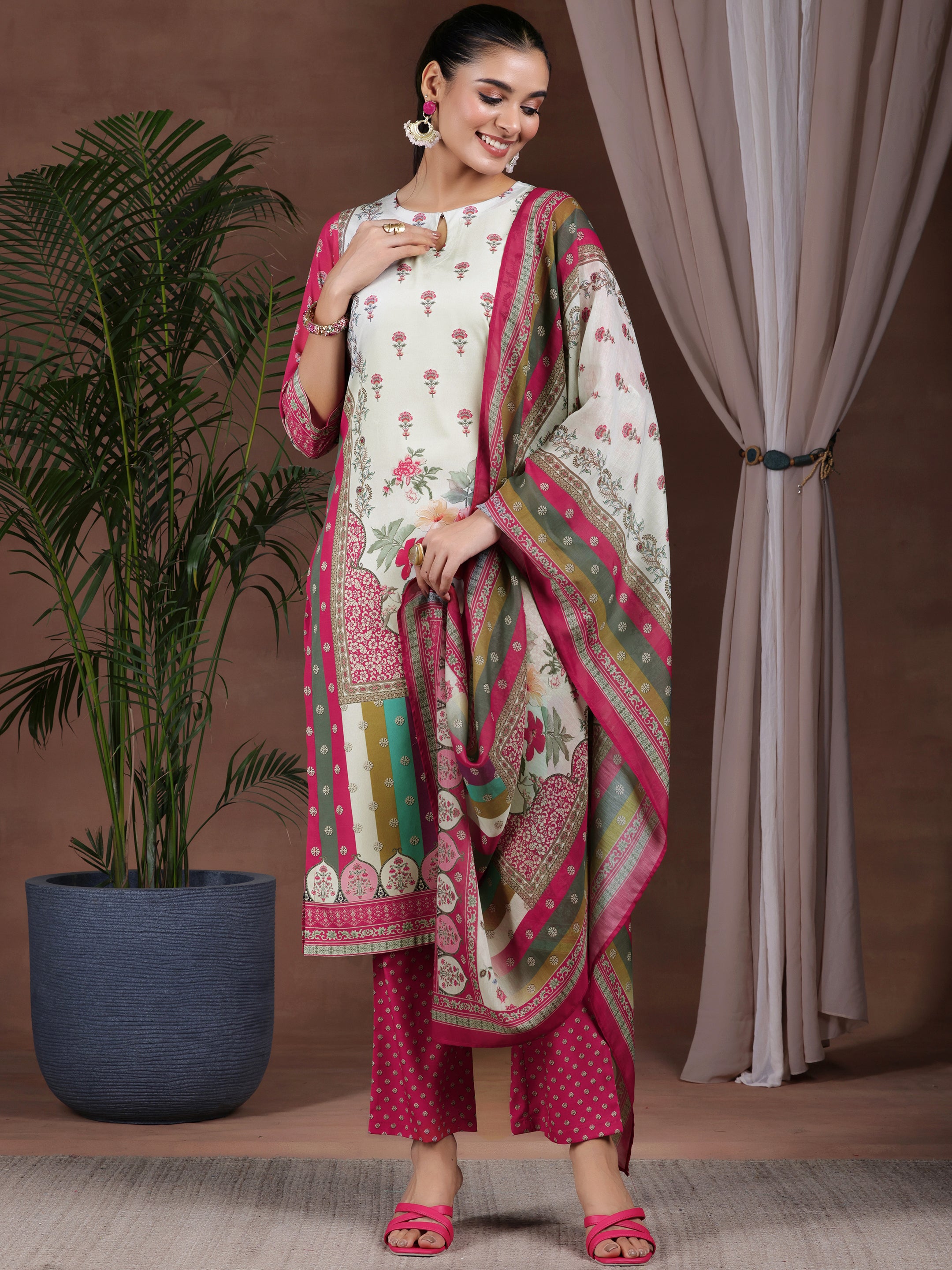 Off White Printed Poly Crepe Straight Suit With Dupatta