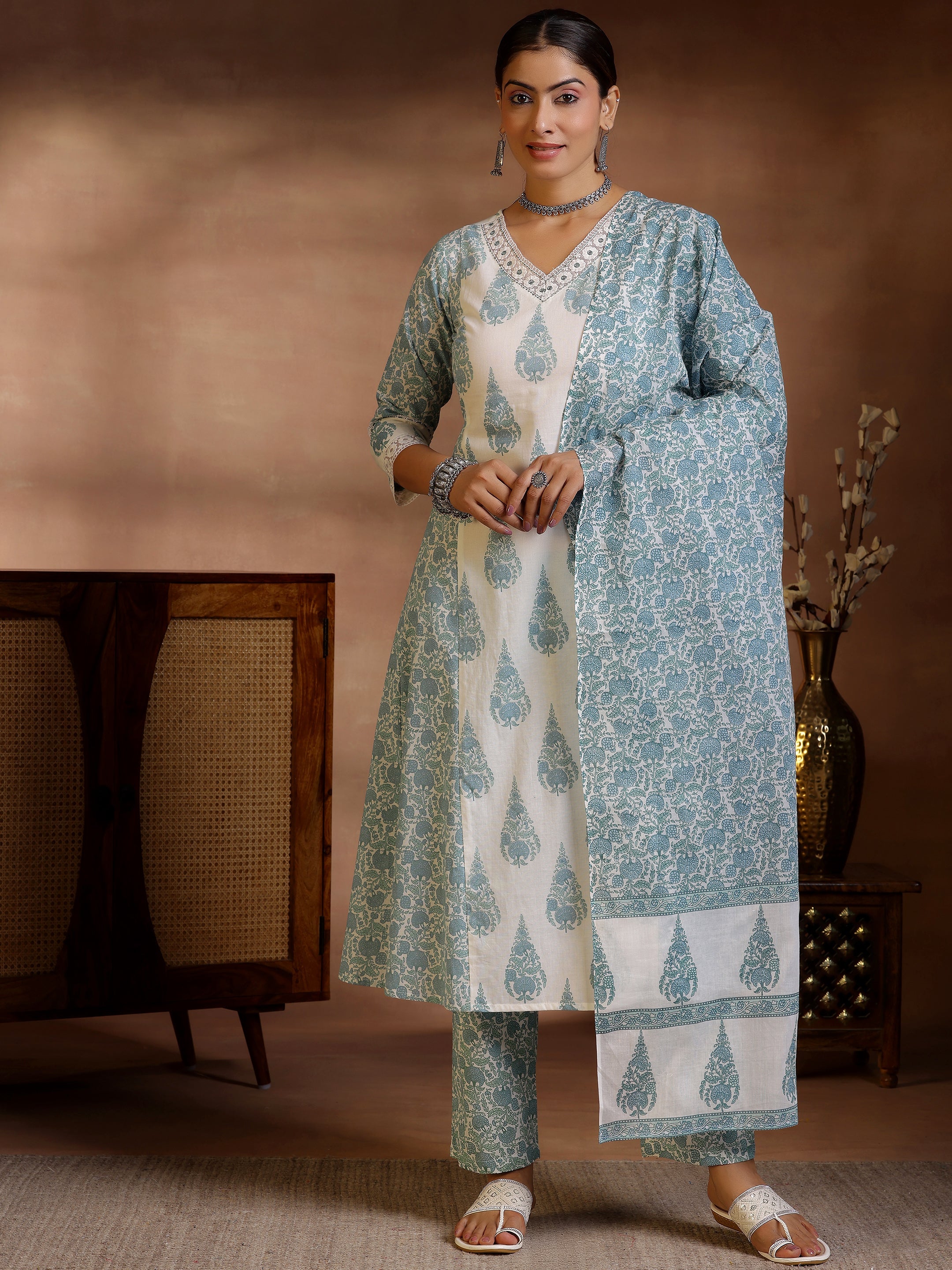 Off White Printed Cotton A-Line Kurta With Trousers & Dupatta