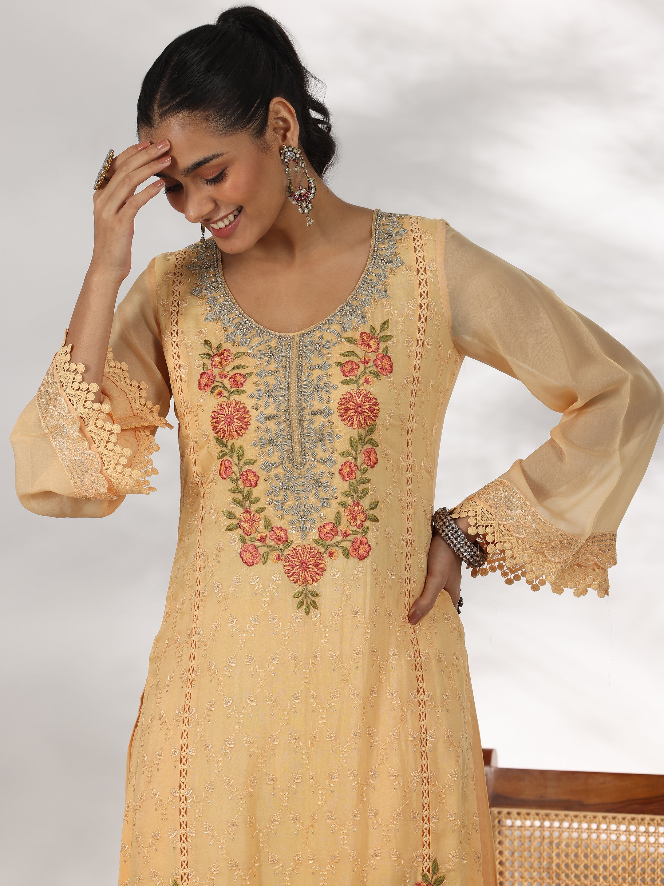 Yellow Embroidered Organza Straight Suit With Dupatta