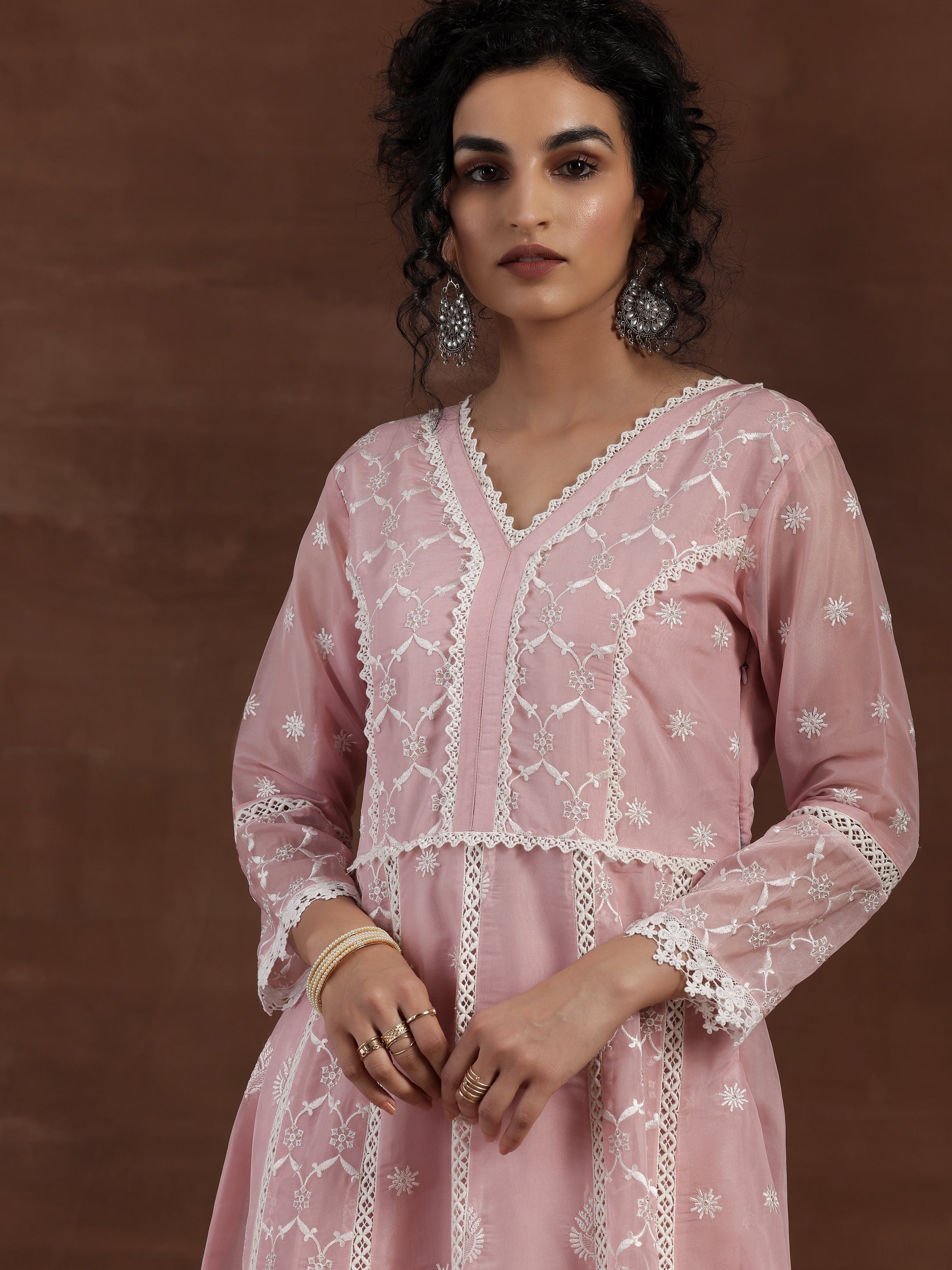 Pink Embroidered Organza A-Line Kurta With Palazzos & Dupatta