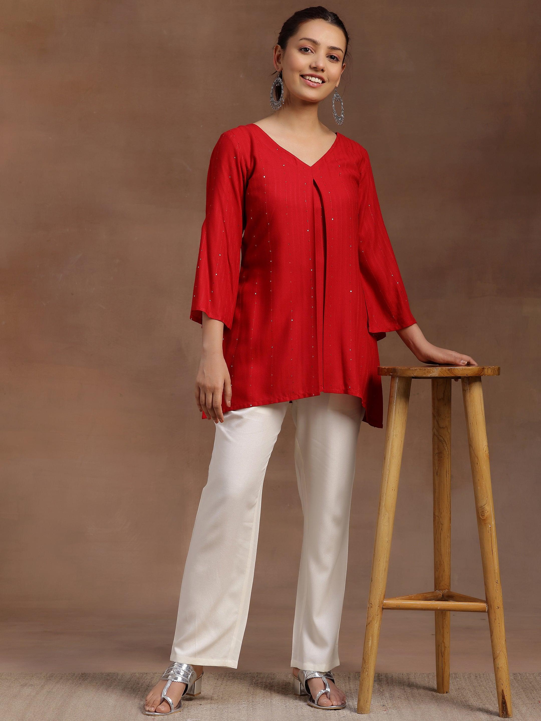 Red Solid Cotton Blend A-line Kurti