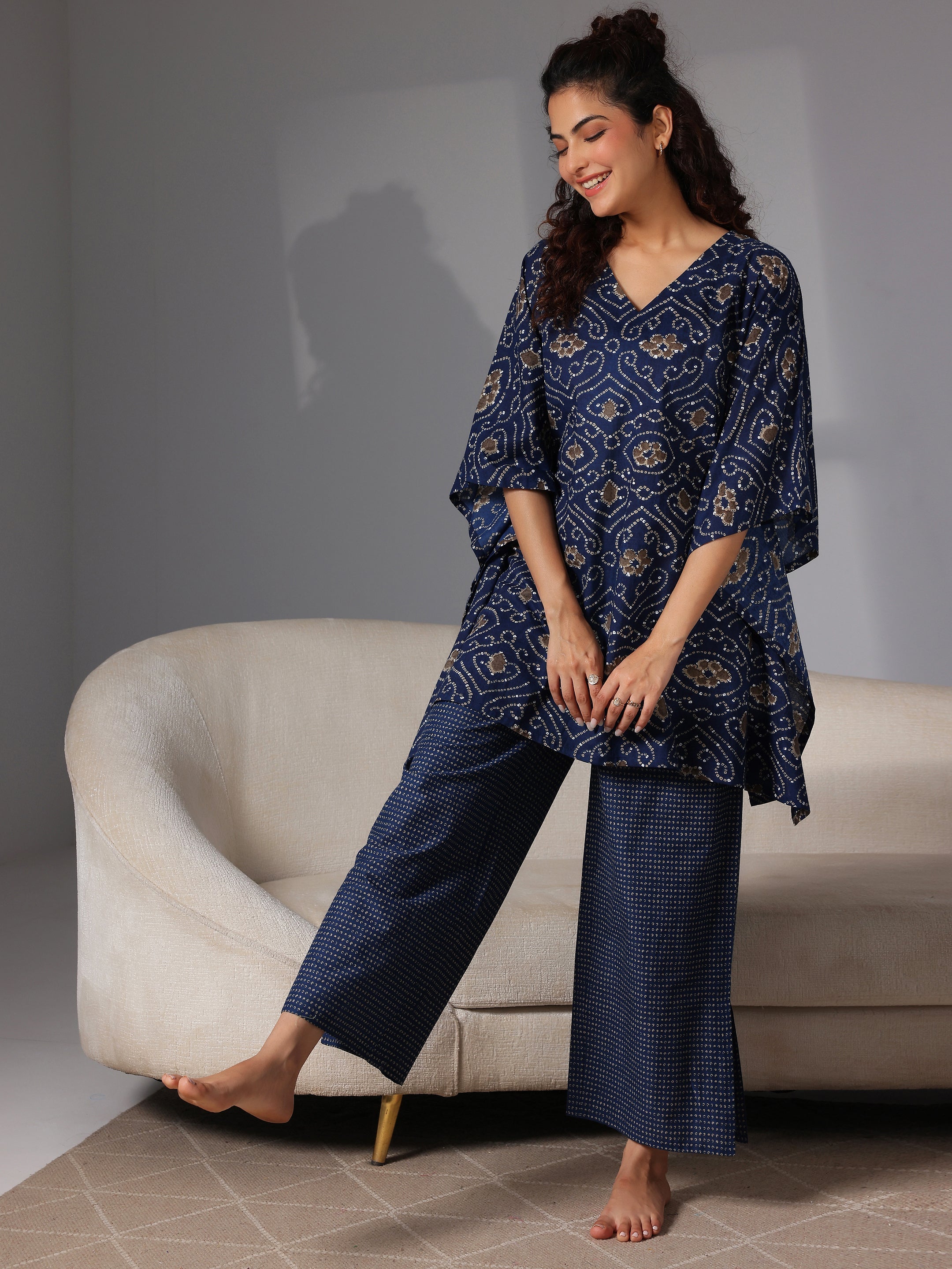 Blue Printed Cotton Night Suits