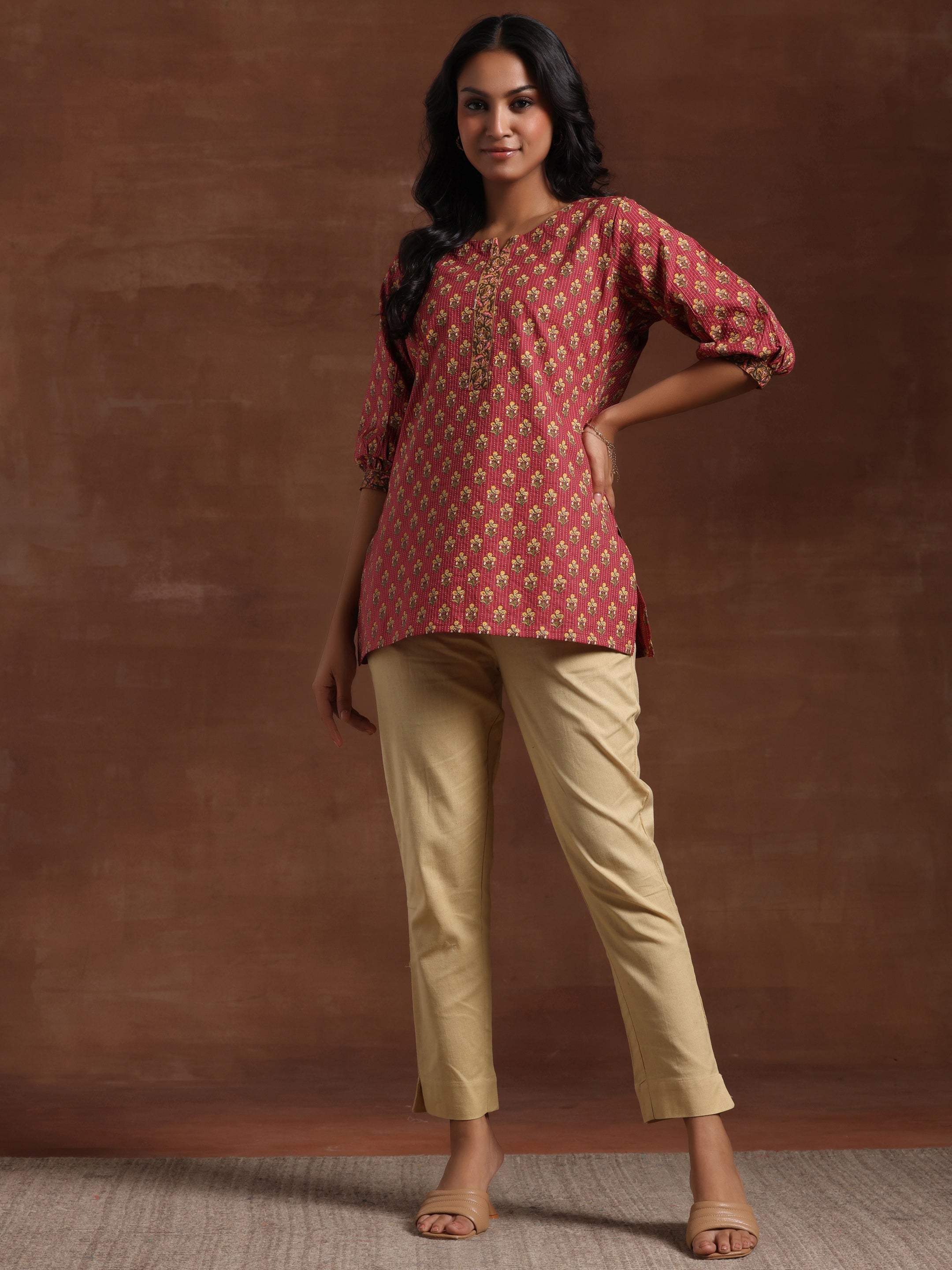 Pink Printed Cotton Straight Kurti