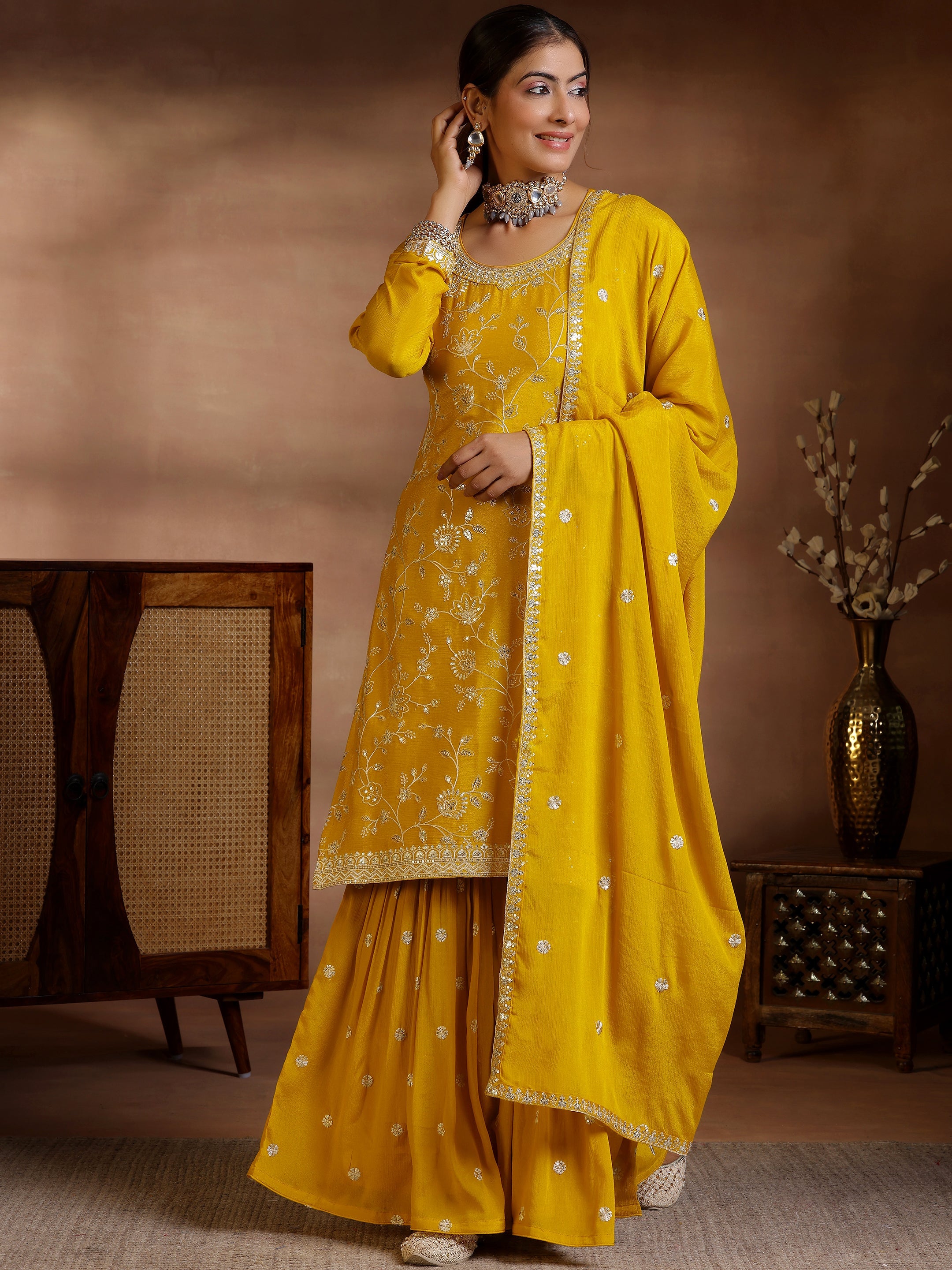 Mustard Embroidered Silk Blend Straight Suit With Dupatta