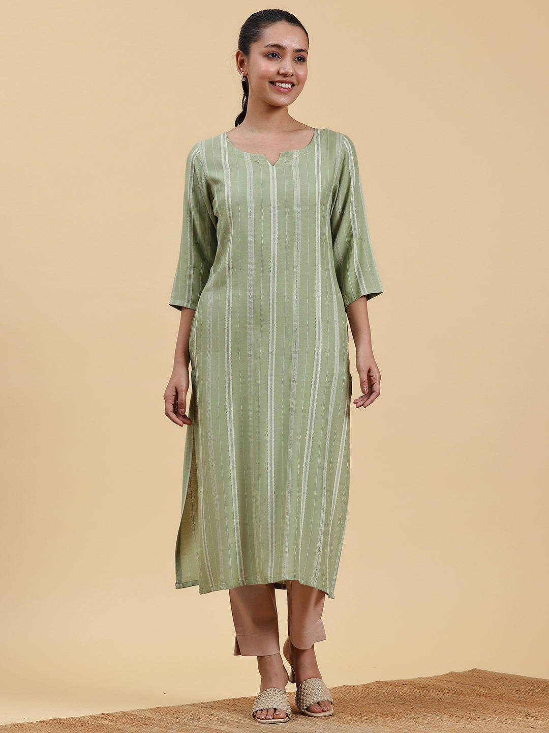 Green Woven Design Rayon Straight Kurta