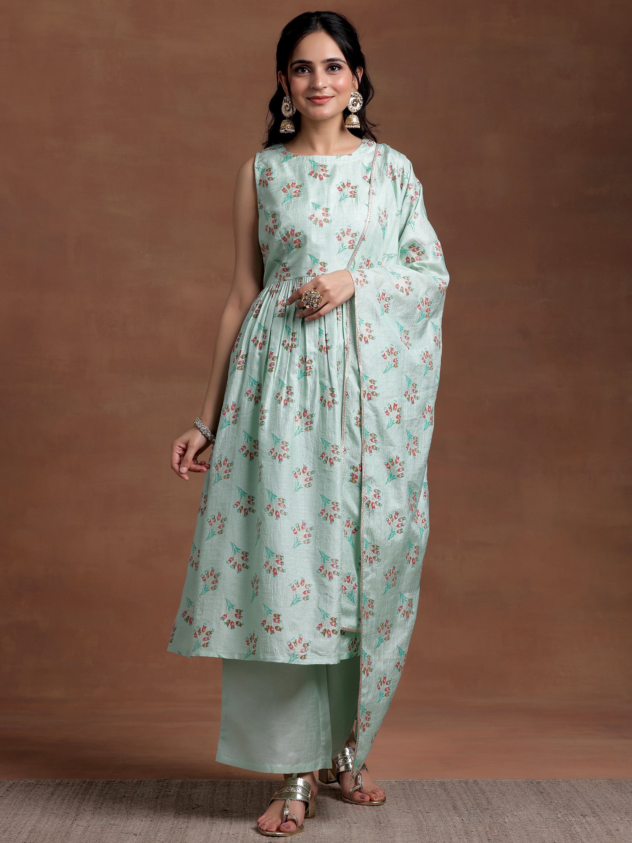 Sea green Printed Silk Blend A-Line Kurta With Palazzos & Dupatta