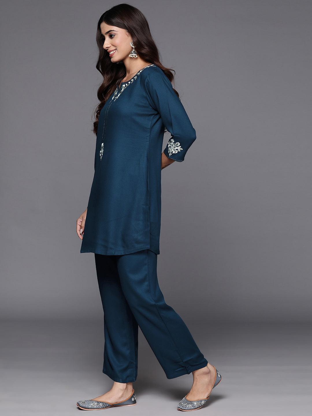 Teal Self Design Wool Blend Tunic With Trousers - ShopLibas