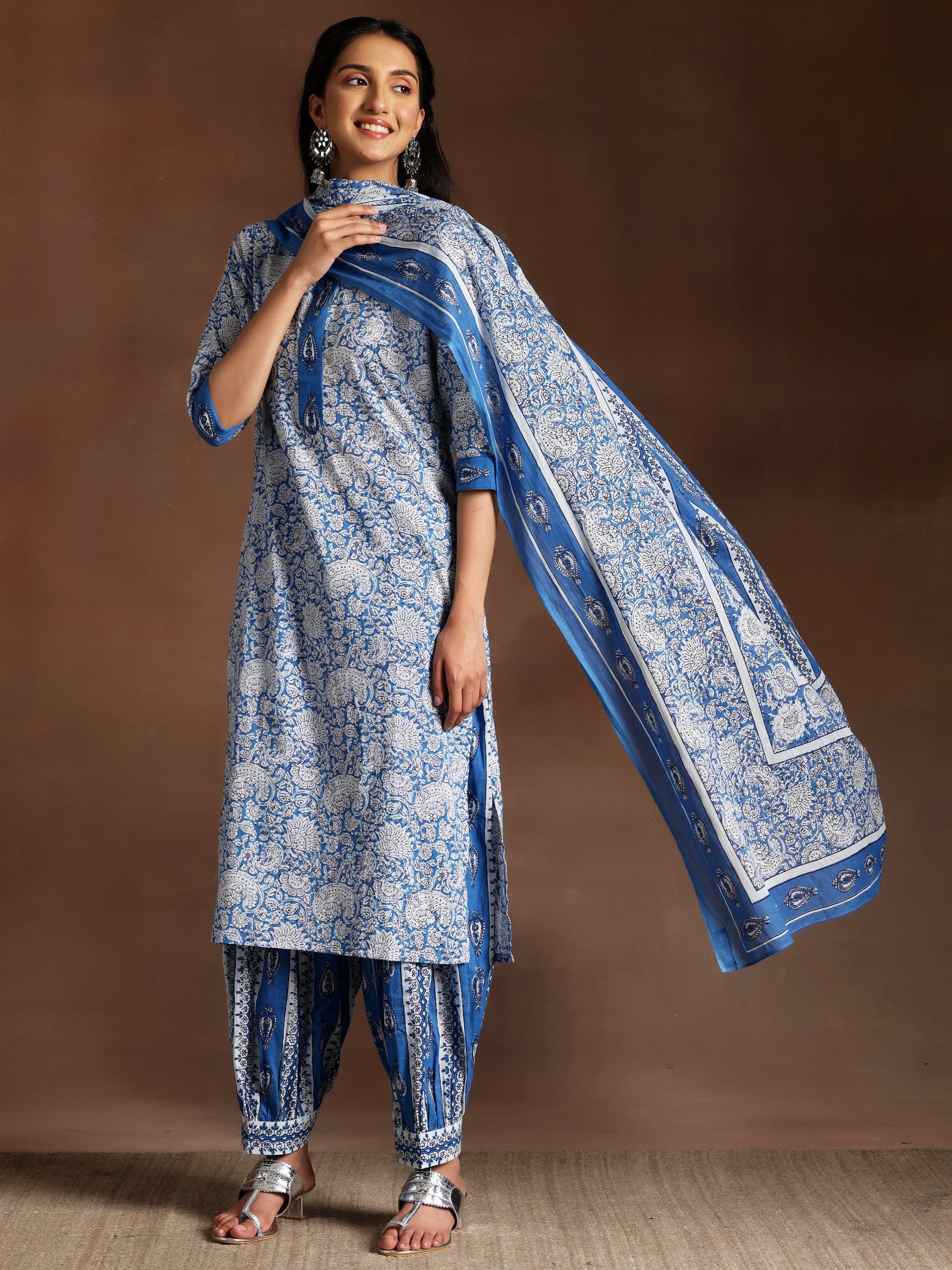 Blue Printed Cotton Straight Suit With Dupatta