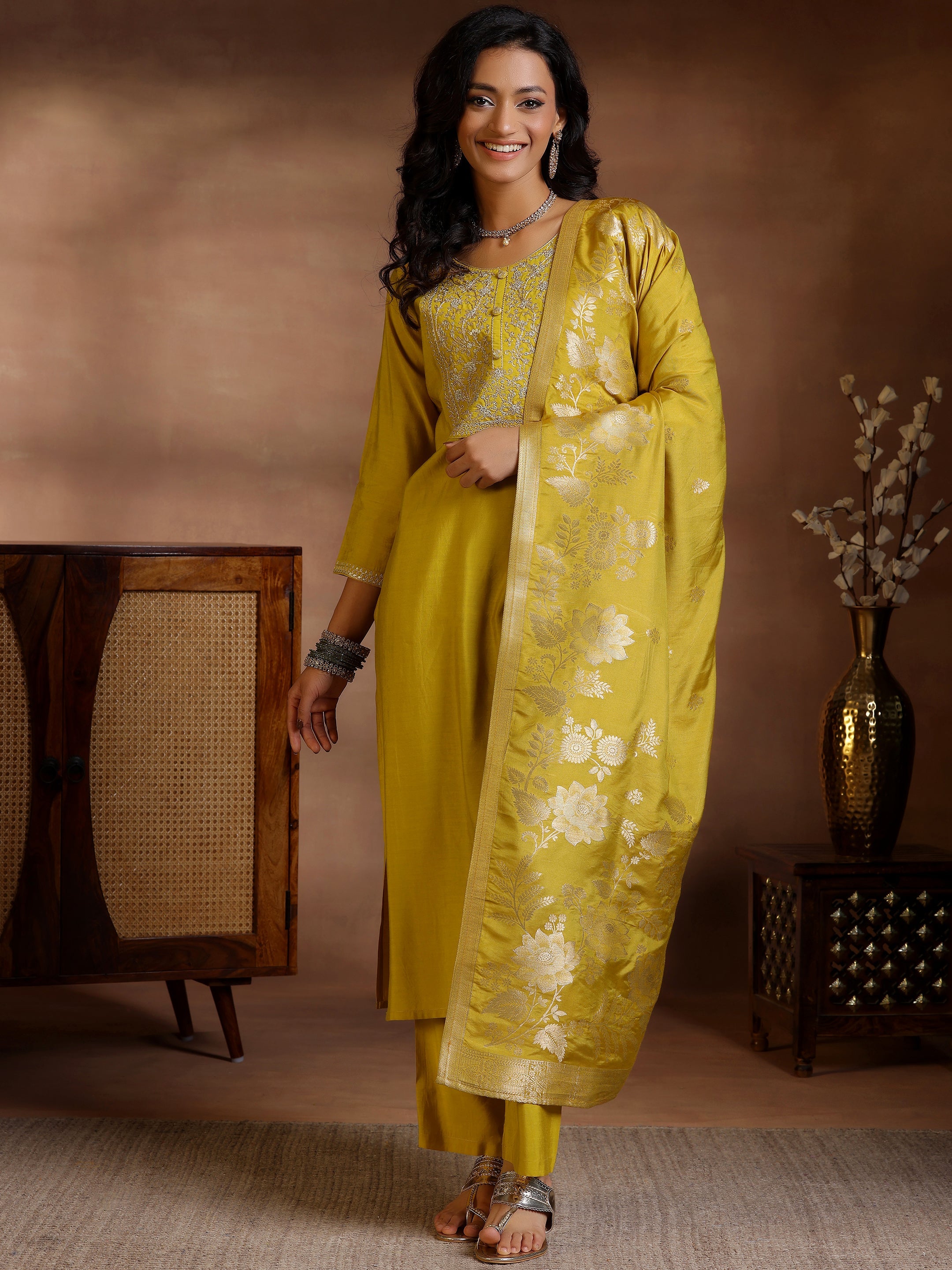 Mustard Yoke Design Silk Blend Straight Suits With Dupatta