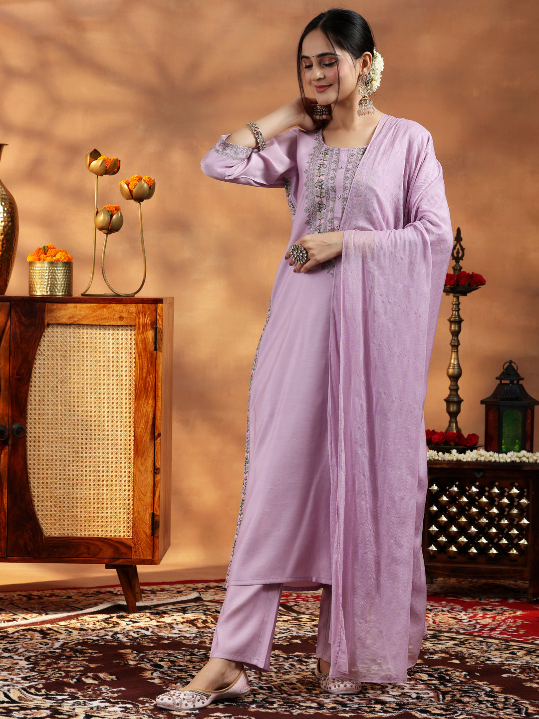 Lavender Embroidered Silk Blend Straight Suit With Dupatta