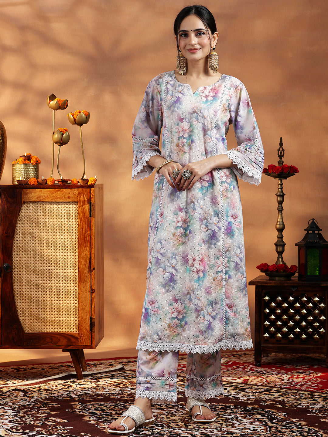 Multi Printed Cotton A-Line Kurta With Palazzos