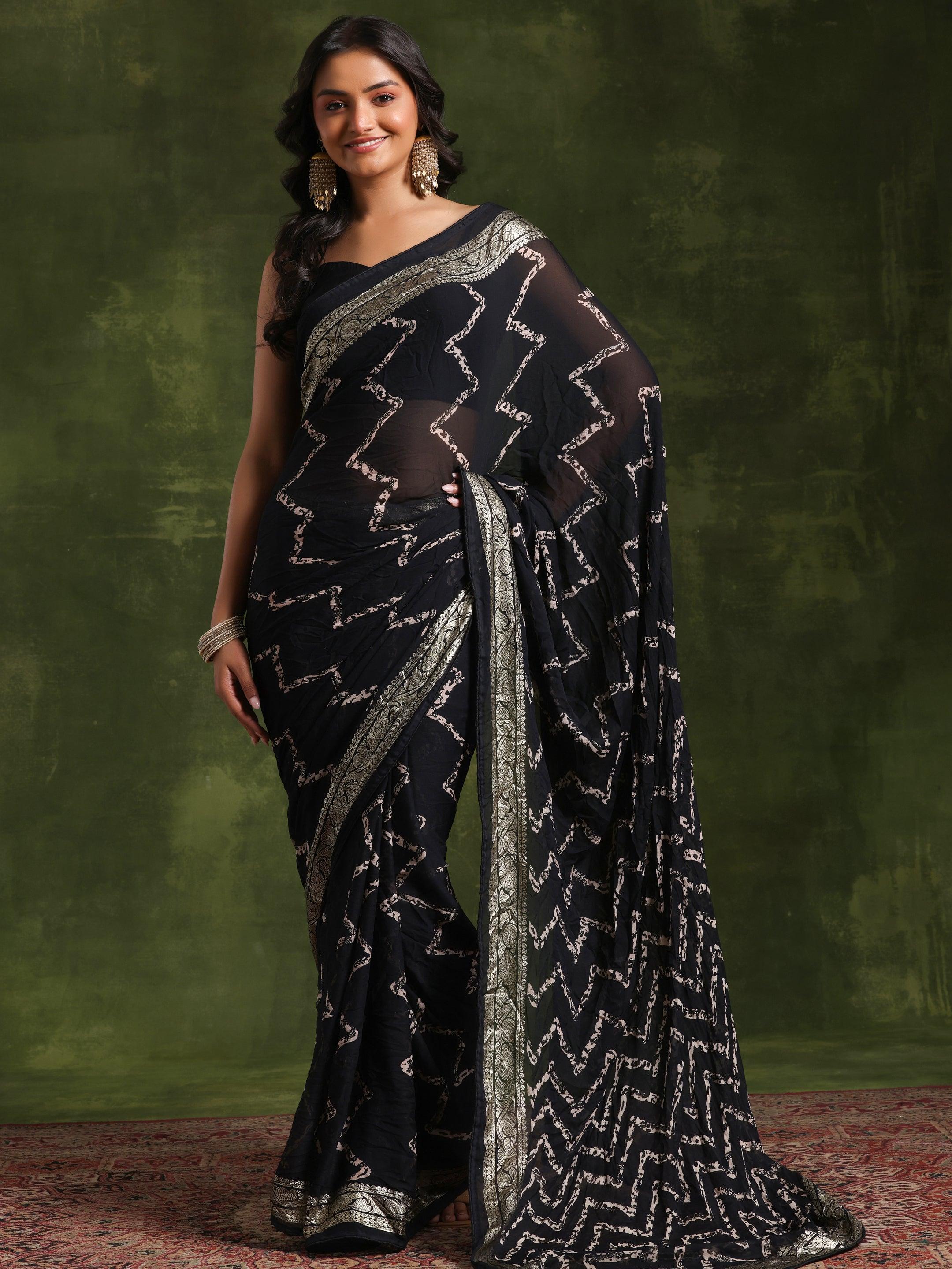 Black Printed Poly Georgette Saree With Unstitched Blouse Piece