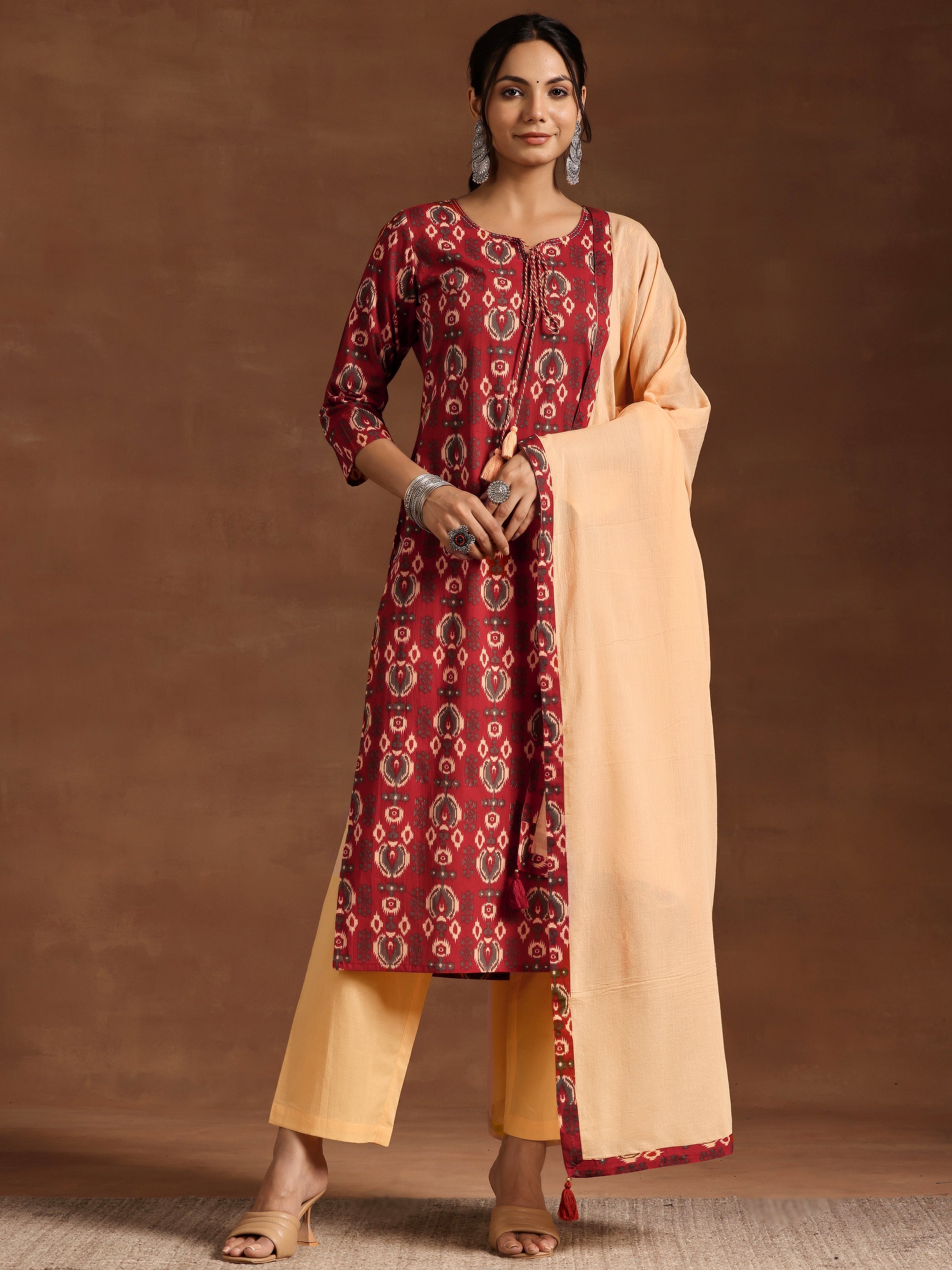 Maroon Printed Cotton Straight Suit With Dupatta